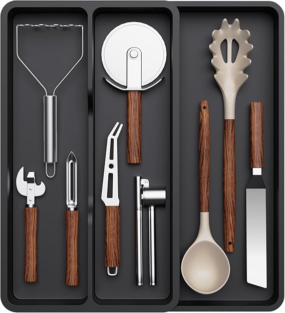 Lifewit Utensil Organizer for Kitchen Drawer, Expandable Cooking Silverware Tray, Adjustable Cutlery Flatware Holder, Plastic Spatula Tools Storage Divider, 14.4 x 15.8, Black