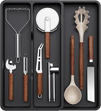 Lifewit Utensil Organizer for Kitchen Drawer, Expandable Cooking Silverware Tray, Adjustable Cutlery Flatware Holder, Plastic Spatula Tools Storage Divider, 14.4 x 15.8, Black