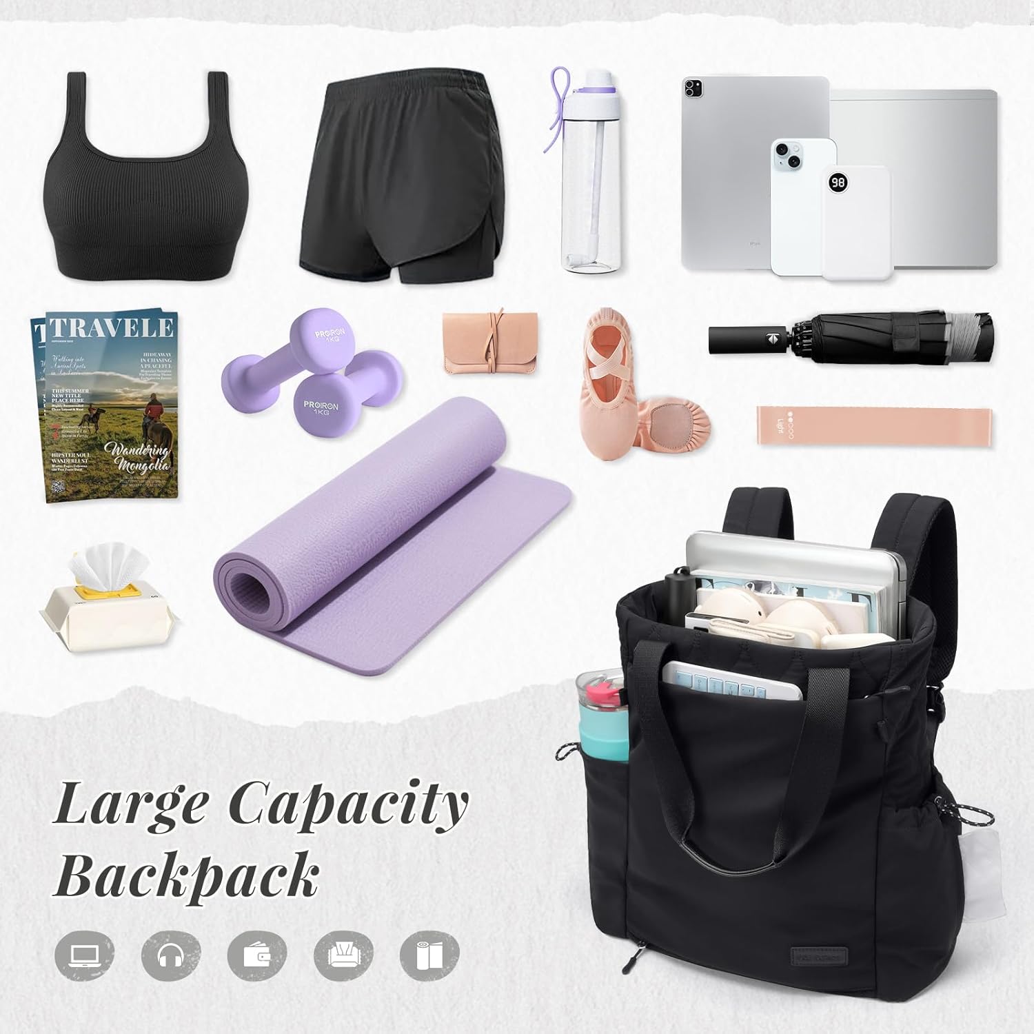 GOLF SUPAGS Convertible Laptop Backpack for Women 15.6" Laptop Tote Casual Daypack for Work Travel College Bag (Black)