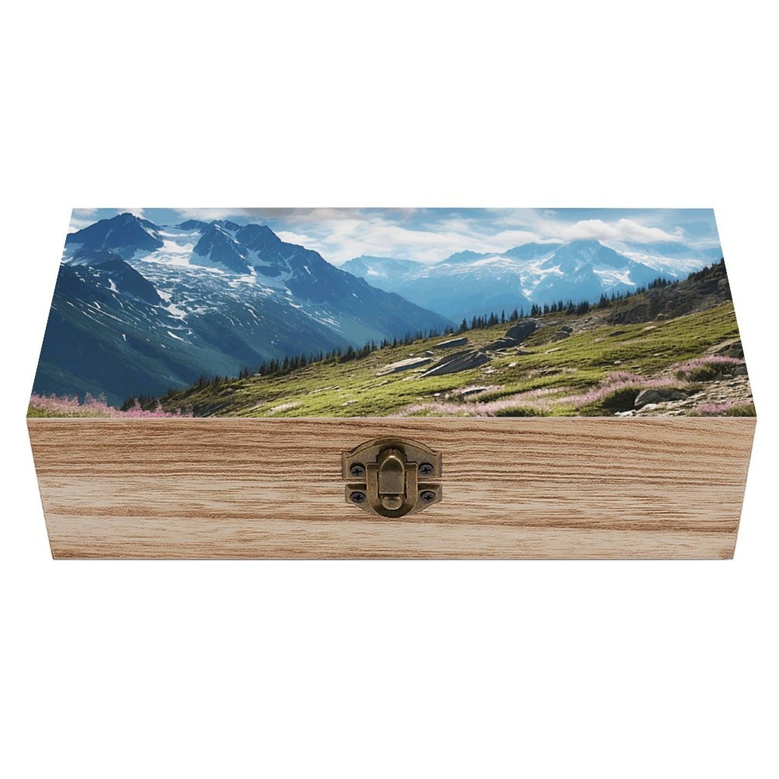 DWVTSLH Mountains Wooden Storage Box Locked Wood Gift Box Decorative Keepsake Boxes Storage Bins, Memory Boxes for Pictures, Jewelry Organizer Unique Gift Ideas for Men Women