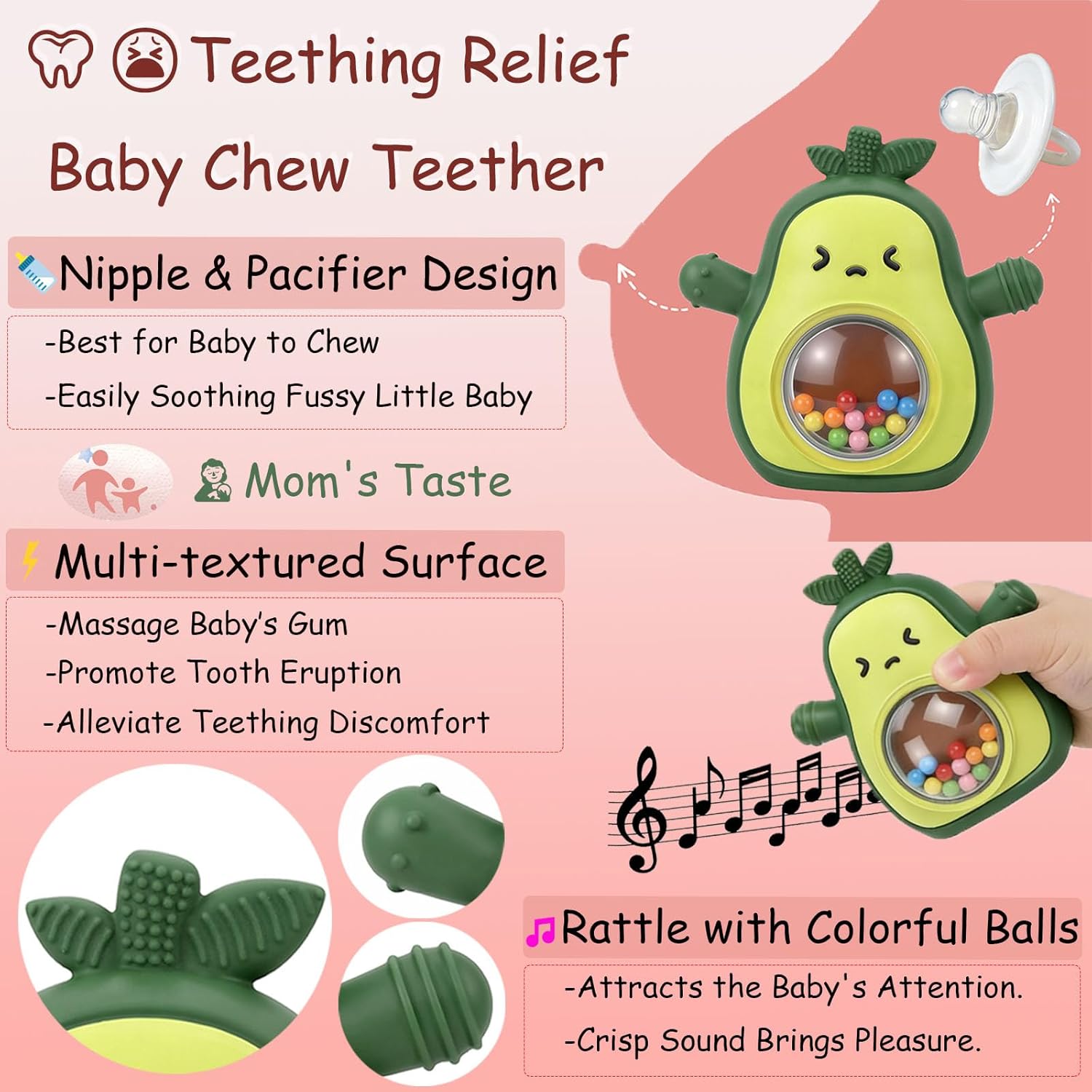 Baby Rattle Teething Toys Silicone Avocado Teething Mitten Sensory Toys for Grasping Chewing Sucking Hearing Needs-Baby Teether for Teething Relief-BPA Free Infant Toys Baby Shower Gifts (Green)