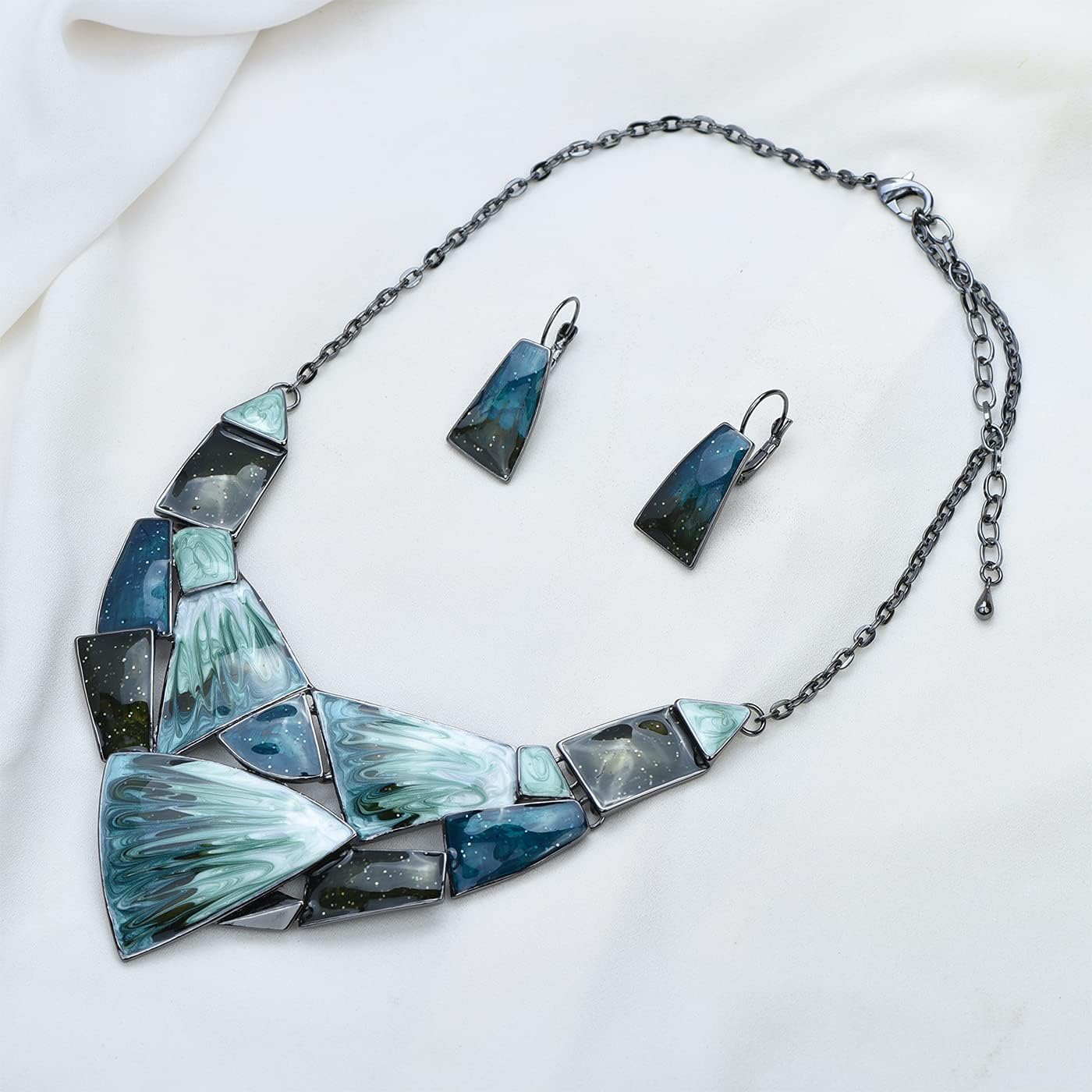 Irregular Enamel Triangle Shape Collar Bib Statement Necklace Earrings Set Women Bridal Jewelry - Image 3