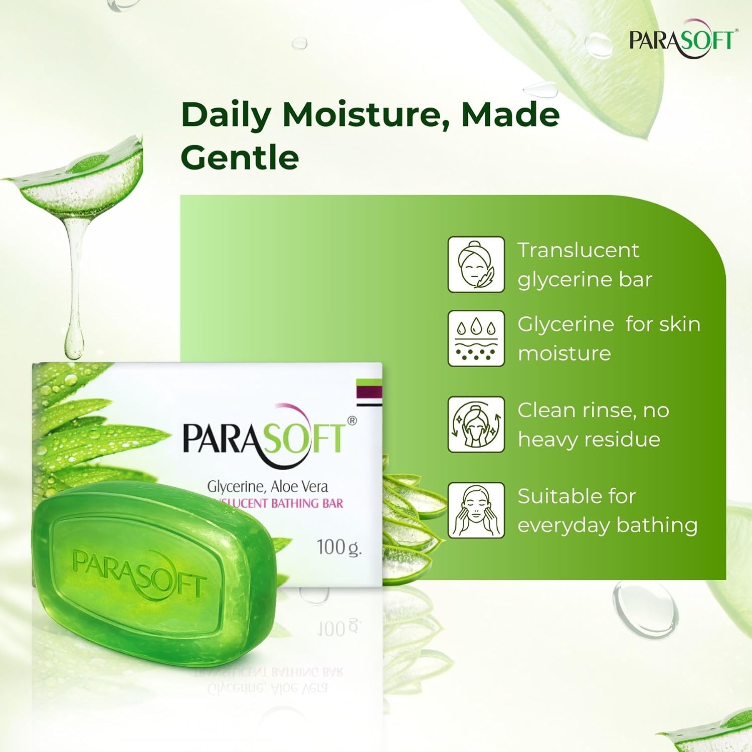 Parasoft Glycerine, Aloe Vera & Vitamin E Translucent Bathing Bar - 100g / 3.53 oz (Pack of 8) | Gentle & Refreshing Daily Cleansing Soap for Soft, Nourished Skin
