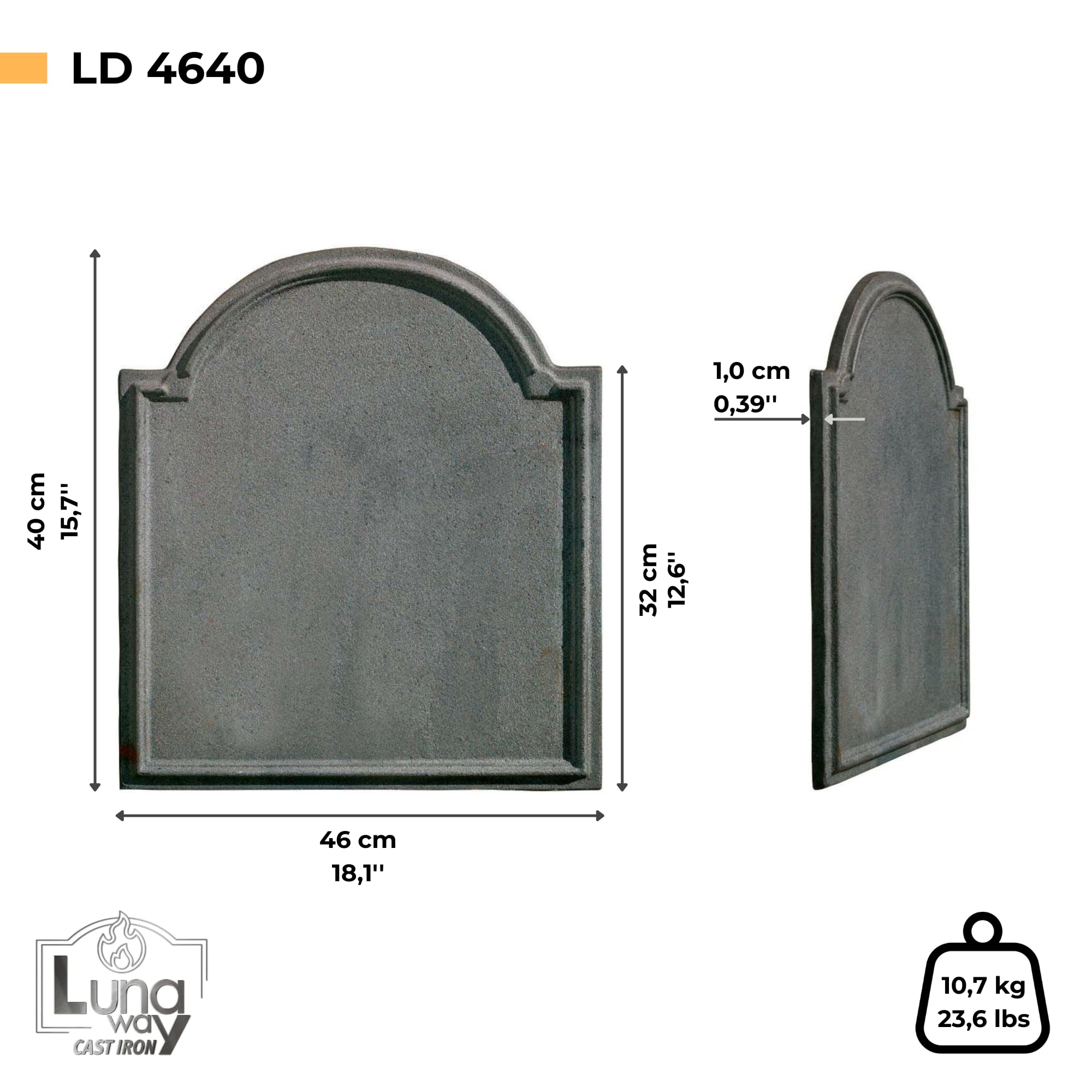 Plaque de Cheminée en Fonte 40 x 46 cm Gris Stocke et Réflète la Chaleur