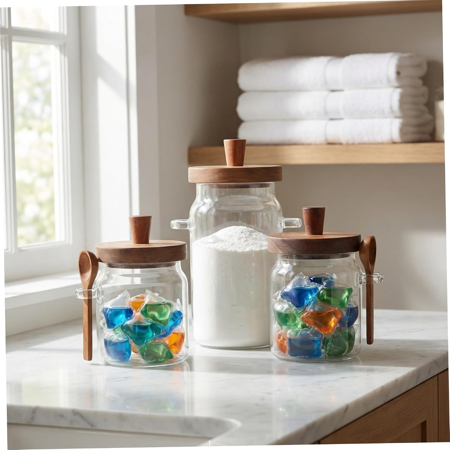 NUOBESTY Laundry Powder Container Set Includes 400ml, 600ml, and 900ml Capacities 3pcs Glass with Wooden Lids and Scoops, Airtight Storage Jars for Moisture Protection and Versatile Usage