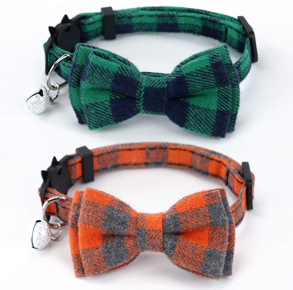 SuperBuddy 2 Pack/Set Cat Collar Breakaway with Bell - Bowtie Style for Kitty Adjustable 7.8-10.2