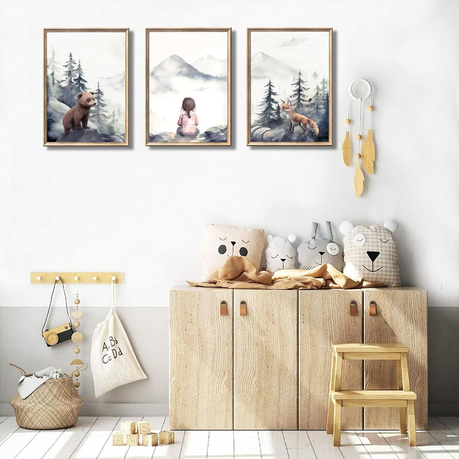 3Pcs Girls Adventure Nursery Wall Art Woodland Animals Bear & Fox Wall Decor Picture Watercolor Mountain Kids Canvas Posters Prints for Girl Bedroom Classroom Baby Room Decoration Unframed