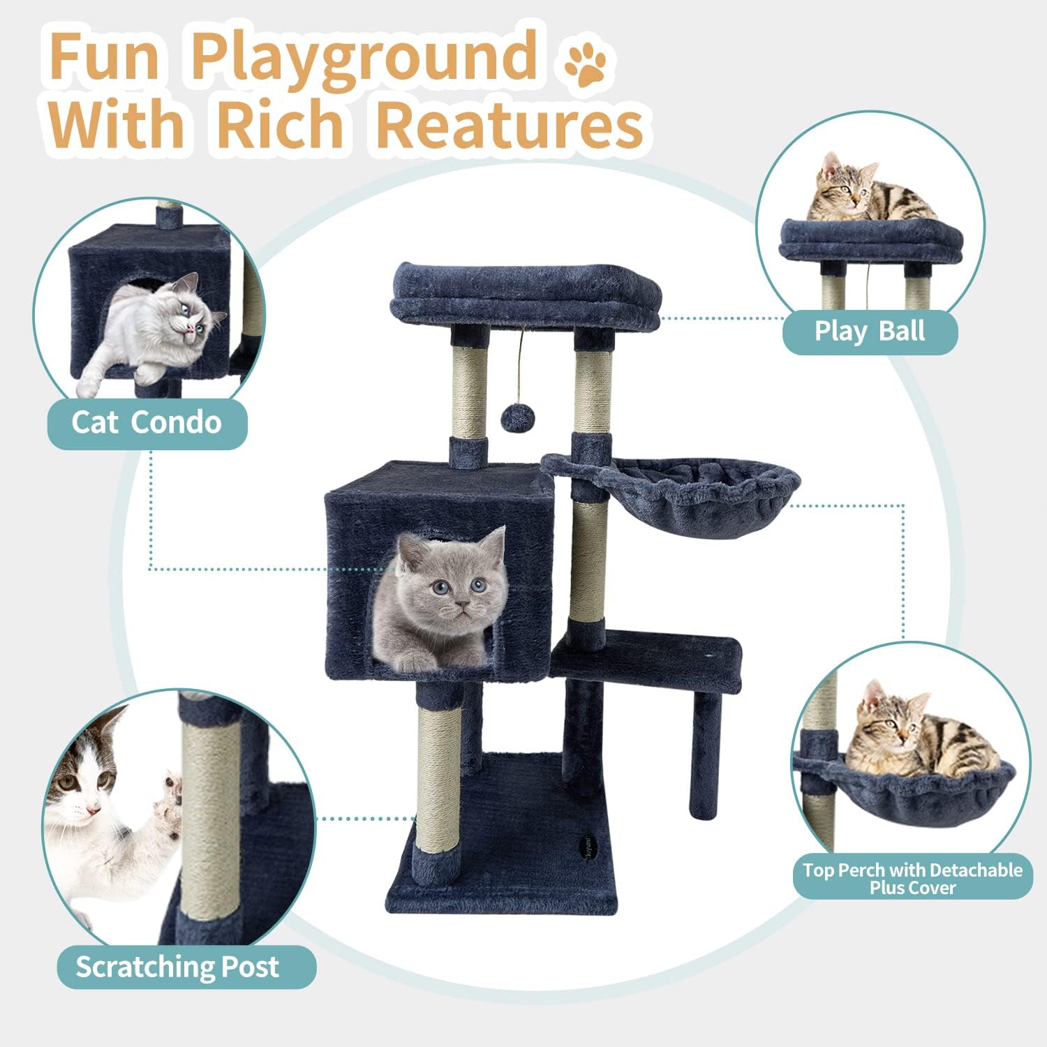 KIYUMI Cat Tree Cat Tower Condo with Sisal Scratching Post for Indoor Cats Cat Tree Cat Furniture with Hammock Perch and Kitten Ball Toys, Multi-Level Pet Activity Center