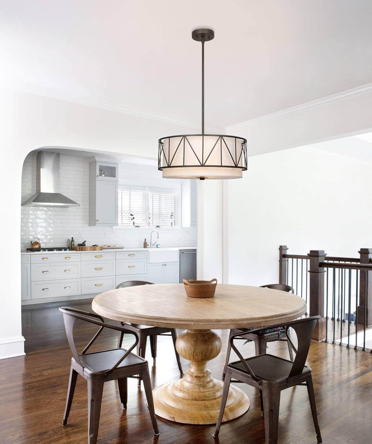 XiNBEi Lighting 18 inch Drum Chandelier with Dark Bronze Metal Cage, Modern Drum Pendant Light with White Fabric Shade, 3-Light Dining Room Light Fixtures Over Table XB-P330-DB