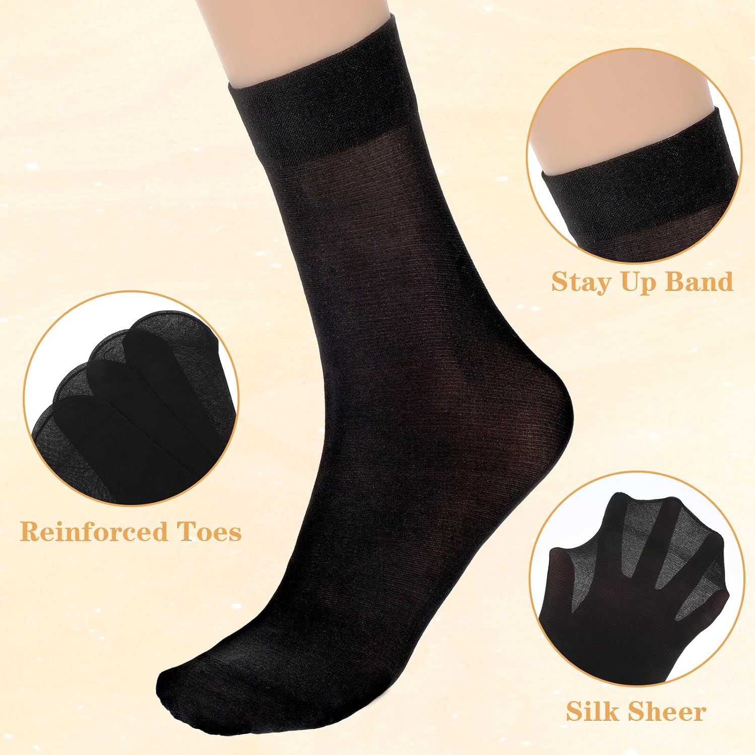 Nylon Socks for Women, 6 Pairs Ankle High Sheer Socks Black Crew Stocking, Women's Summer Nylon Stockings Transparent Stockings with Reinforced Toes Elastic Stocking for Women