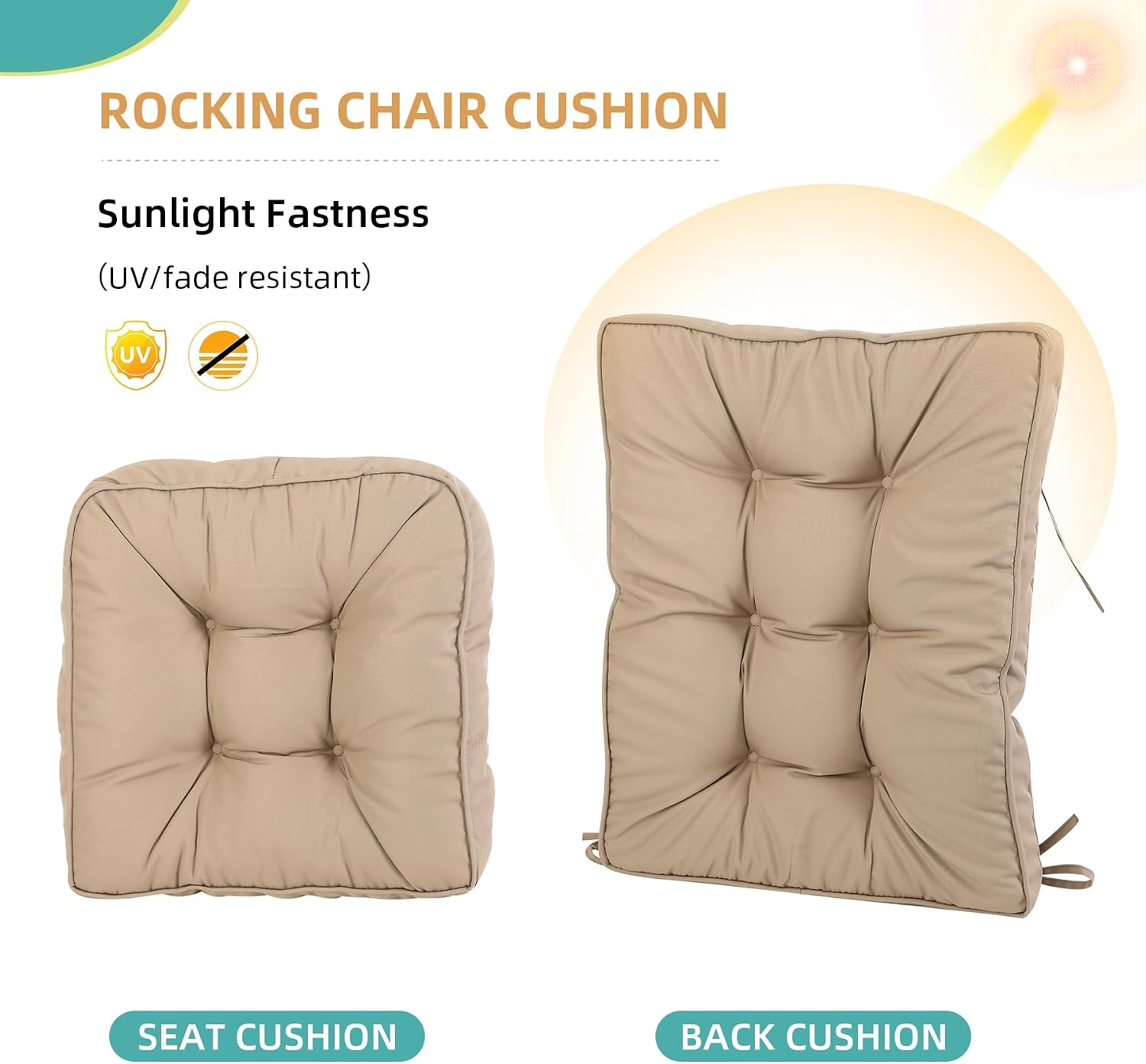 RACE LEAF Rocking Chair Cushion Set - High Back Memory Foam Patio Chair Cushions with Non-Slip Design & Ties, Indoor/Outdoor Rocker Pads, Taupe