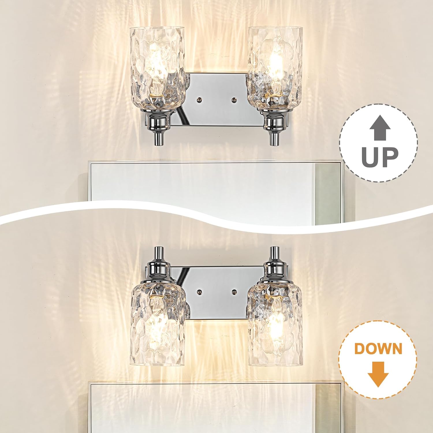 Bathroom Light Fixtures Over Mirror, 2 Lights Vanity Lights with Hammered Glass Shade, 12.7" Chrome Farmhouse Bathroom Light Fixtures for Bedroom, Porch, Hotel, Mirror Cabinet