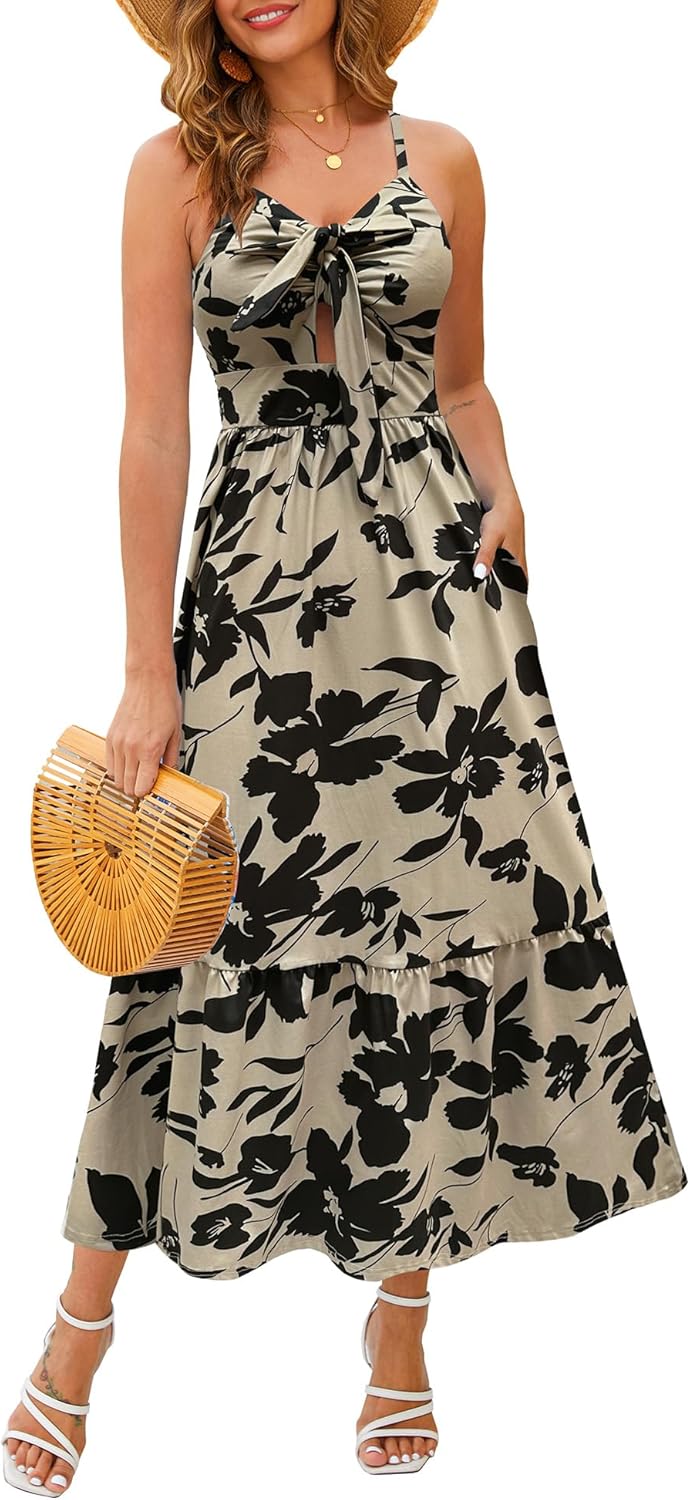 Kranda Women 2026 Summer Sundress High Waist Tie Front Spaghetti Strap Long Beach Floral Tiered Maxi Dress with Pockets - Image 7