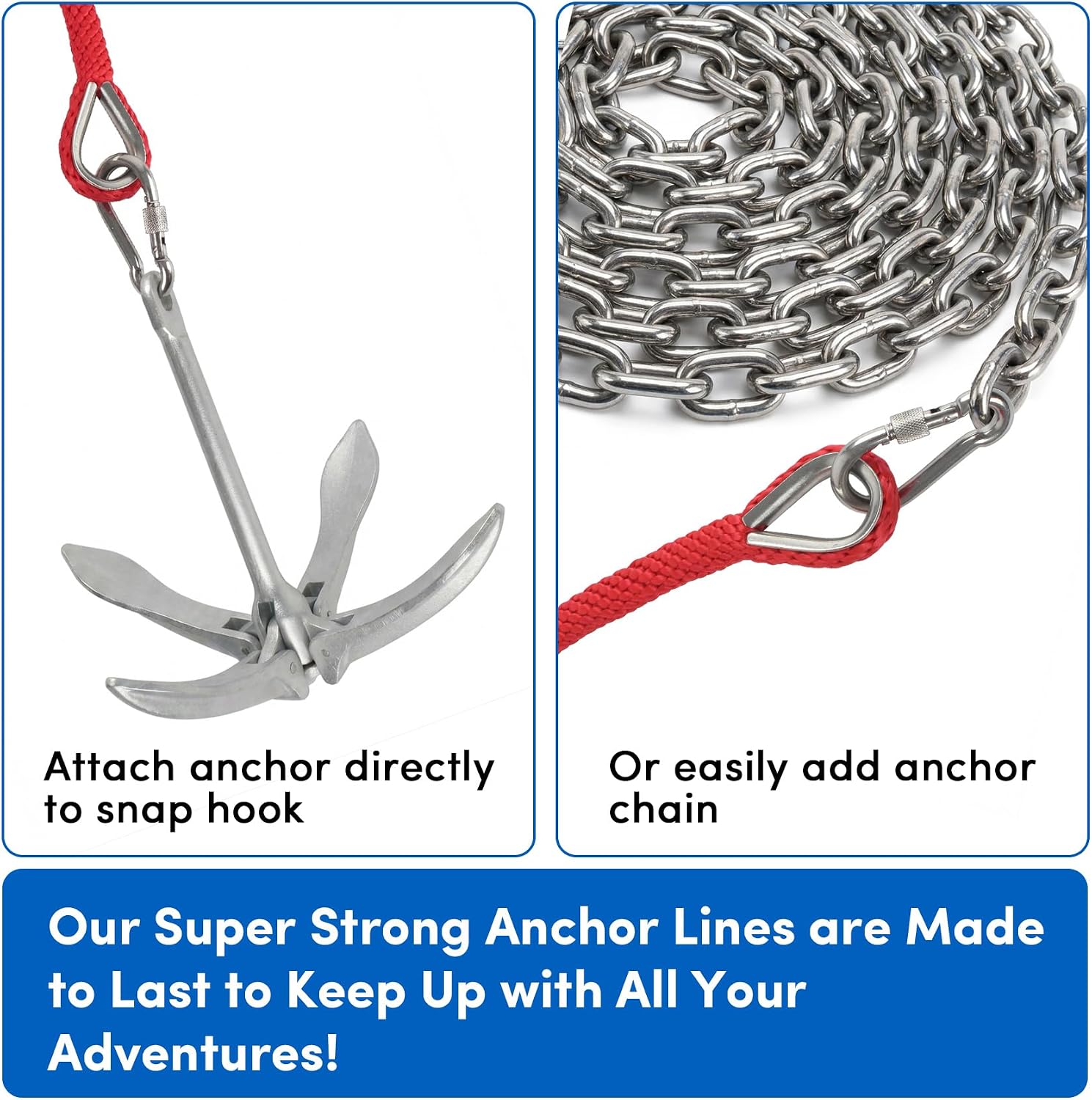 Anchor Rope 1/2 Inch 50 FT, Boat Anchor Rope Solid Braid MFP, Anchor Line with 316 Stainless Steel Thimble & Snap Hook for Towing Mooring Docking Anchoring Boats Up to 32' - Red