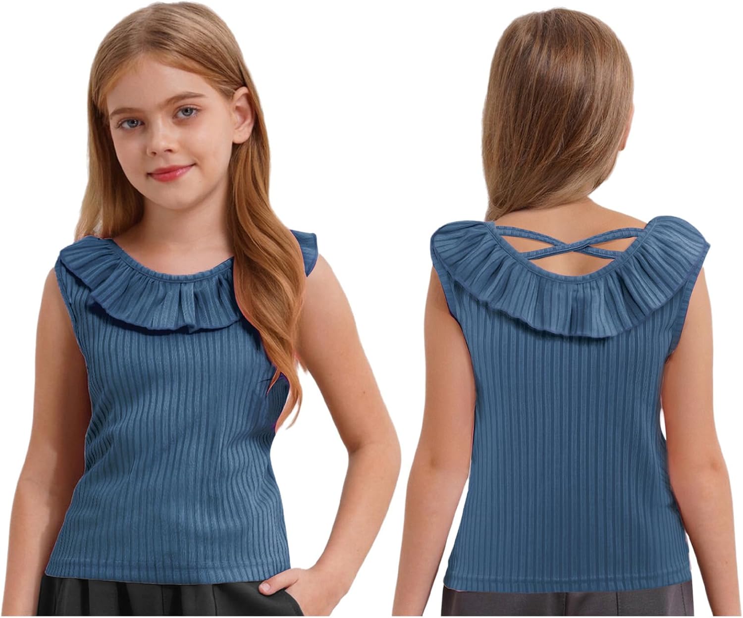Kids Girls Cross Back Sports Vest Sleeveless Ruffle Ribbed Tank Top Summer Dailywear