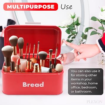 Plexon Bread Box for Kitchen Countertop, Bread Container with Coffee, Tea, Sugar Canisters, Metal 4-Piece Bread Box Set with Lids, Red