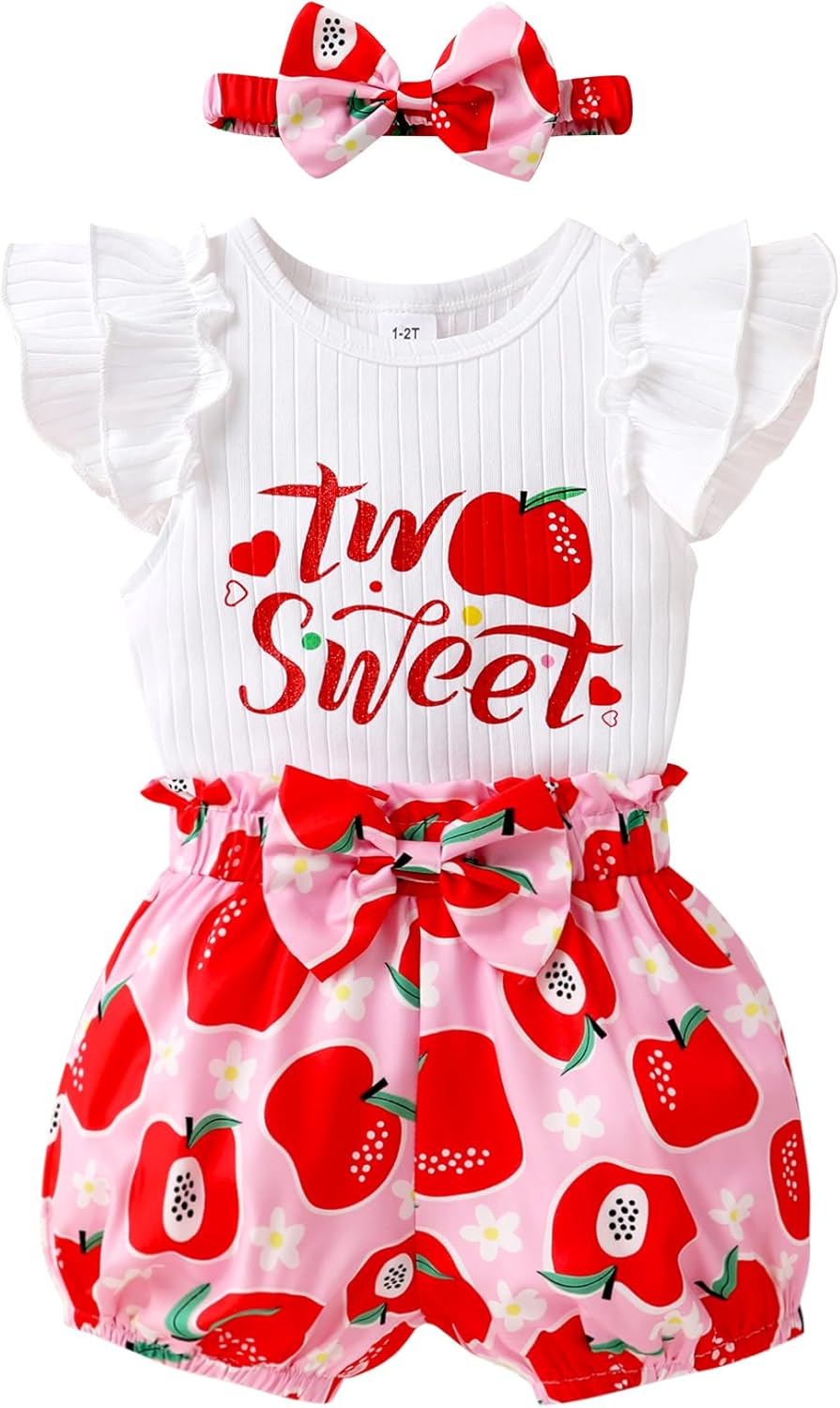 Happy Town Toddler Baby Girl Two Sweet 2nd Birthday Outfits Shorts Set Bowknot 2T Shirts Summer Clothes with Headband