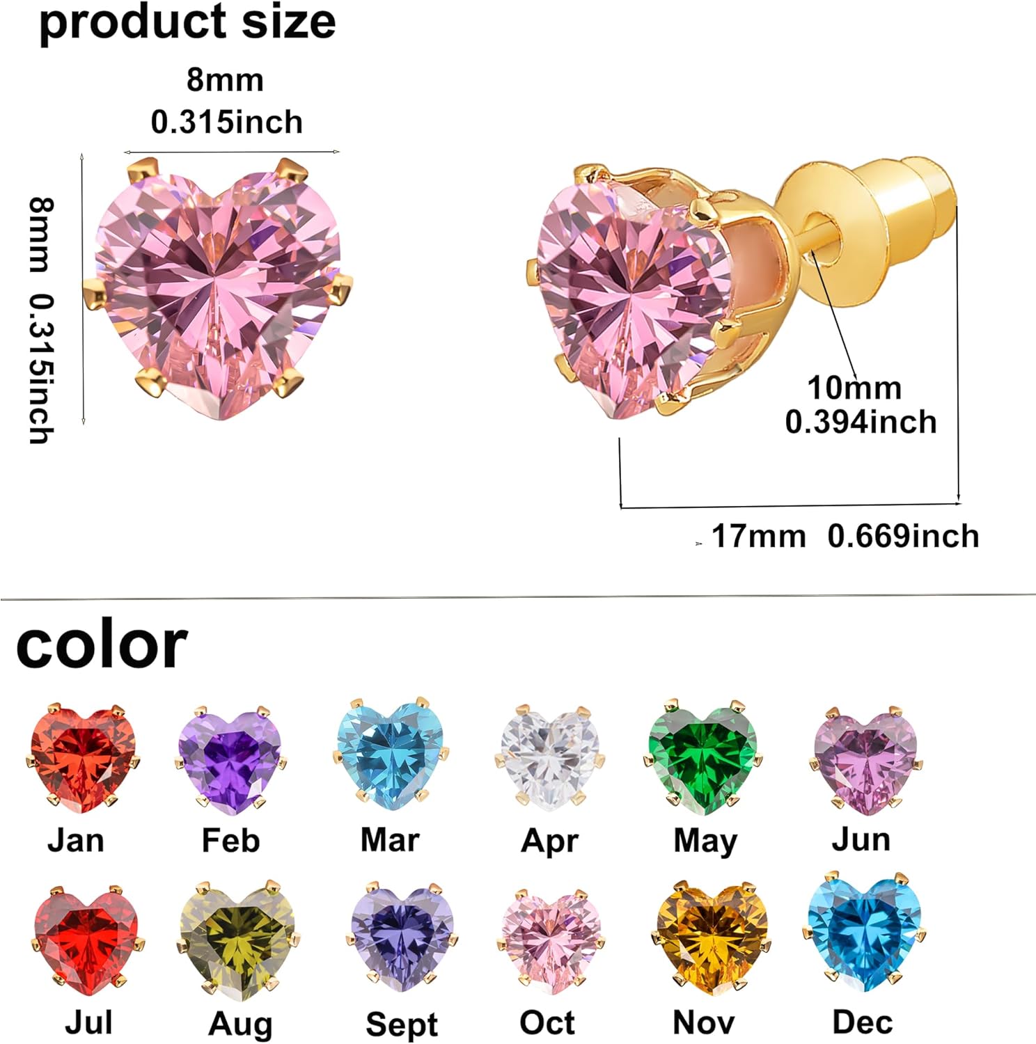 8mm Heart-Cut Birthstone Stud Earrings for Women – 18K Gold Plated Hypoallergenic Cubic Zirconia Earrings, Nickel Free, 12 Months Colors, Everyday Jewelry, Gift for Her, Bridal, Birthday, Christmas - Image 6