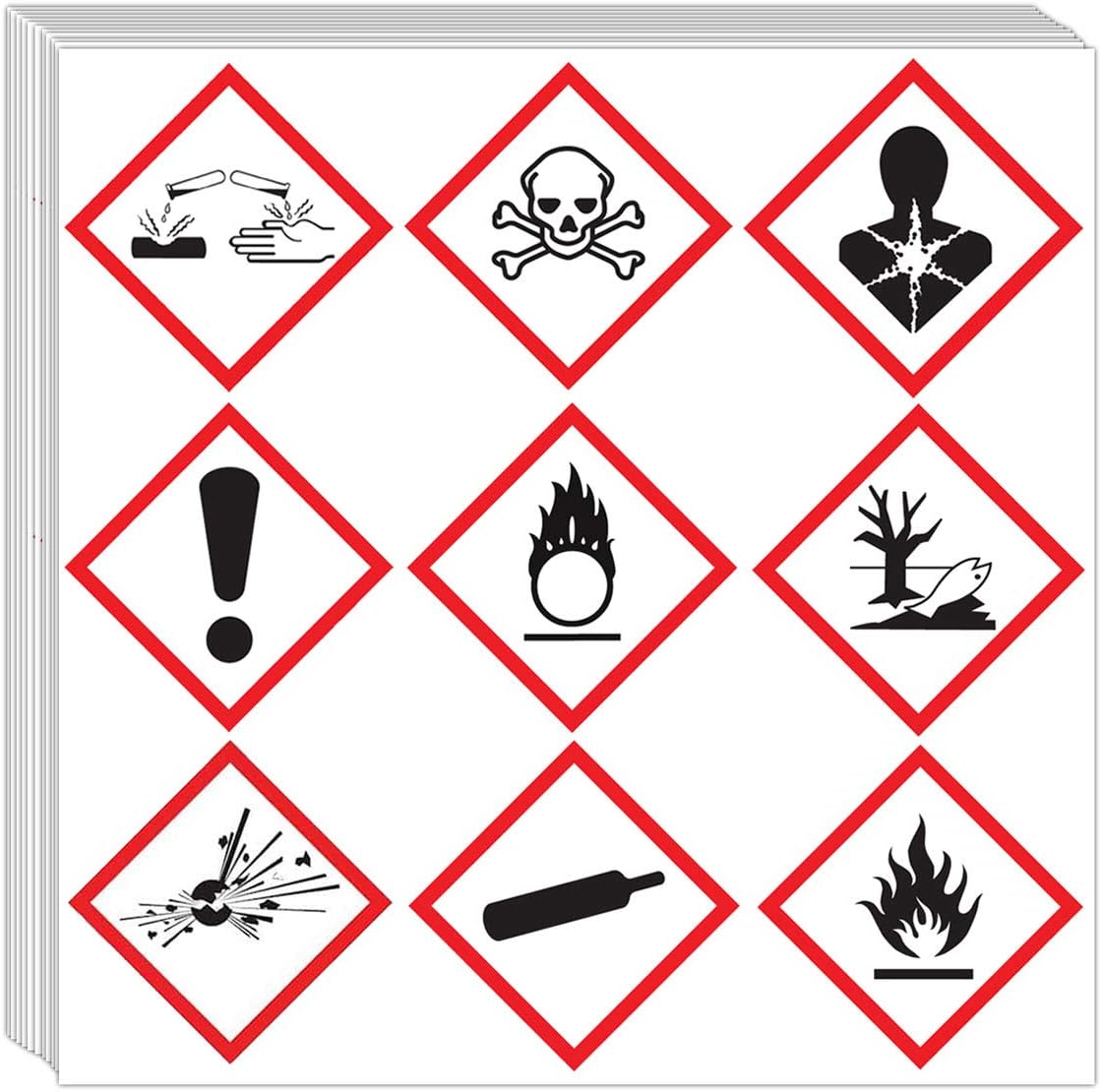 GHS Batch Pictogram Stickers Labels, OSHA Compliant, 2" x 2" Safety Decal Sticker,Corrosion, Environment, Exclamation Mark, Exploding Bomb, Skull & Crossbones,Health Hazard,Flame, Flame O (504 Pcs)