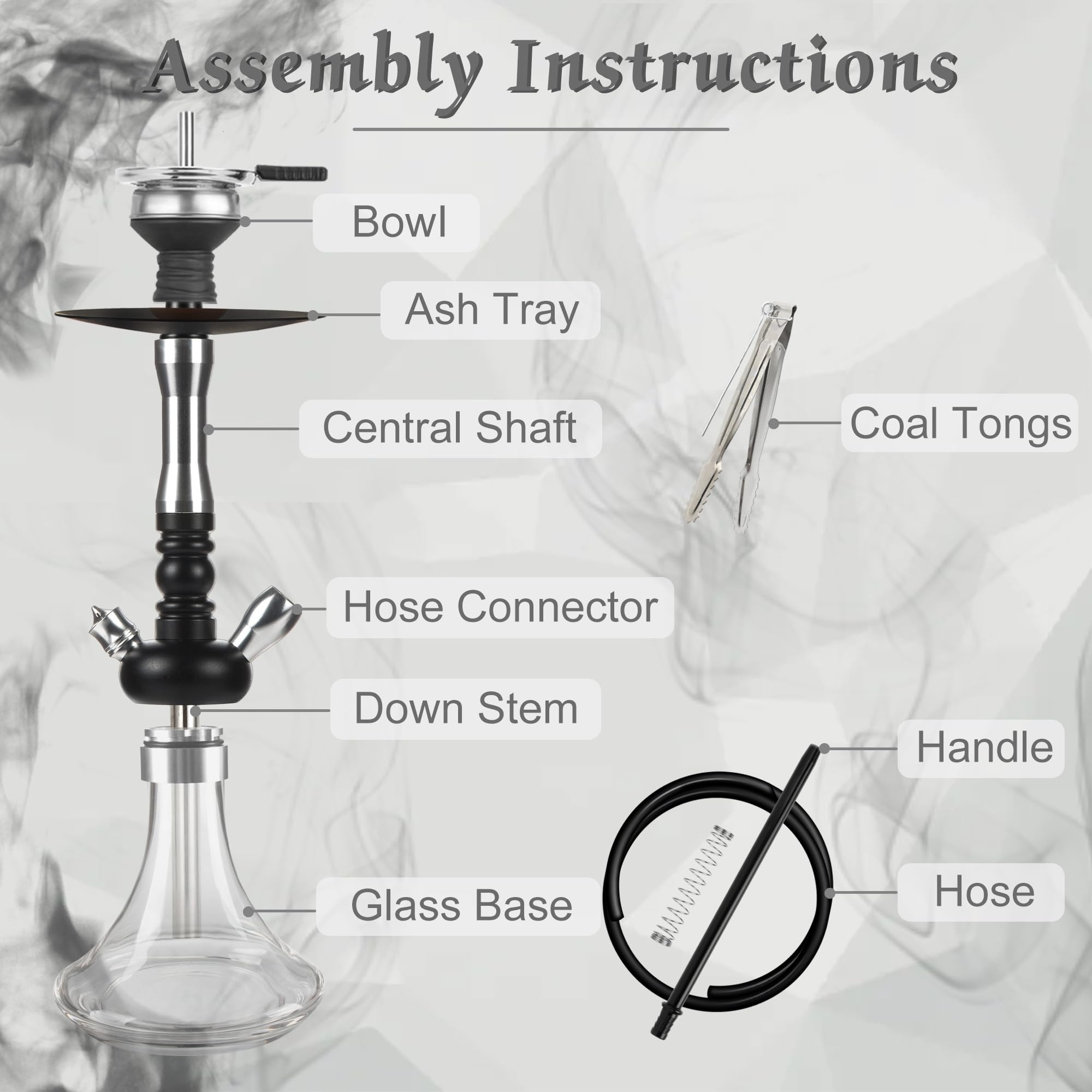 Glass Hookah Set completo con todo de aleación de aluminio con difusor Manguera de silicona lavable Caucho Chisha Bowl Dispositivo de gestión de calor Pinzas de carbón(Transparencia)