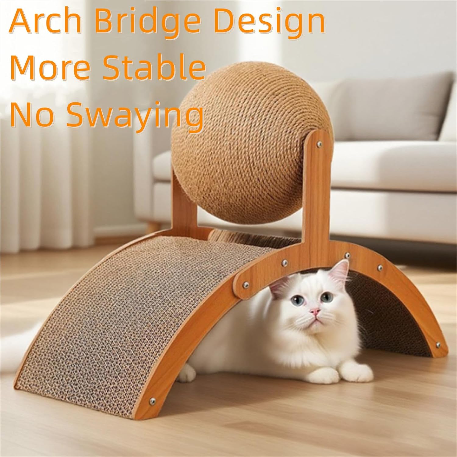 Cat Scratching Ball on Stand, Cat Scratcher, Arch Bridge and Ball Cat Scratcher, Solid Wood Slanted Cat Scratching Board Design, 2-in-1 Interactive Cat Scratcher Toy with Arch Bridge (L)