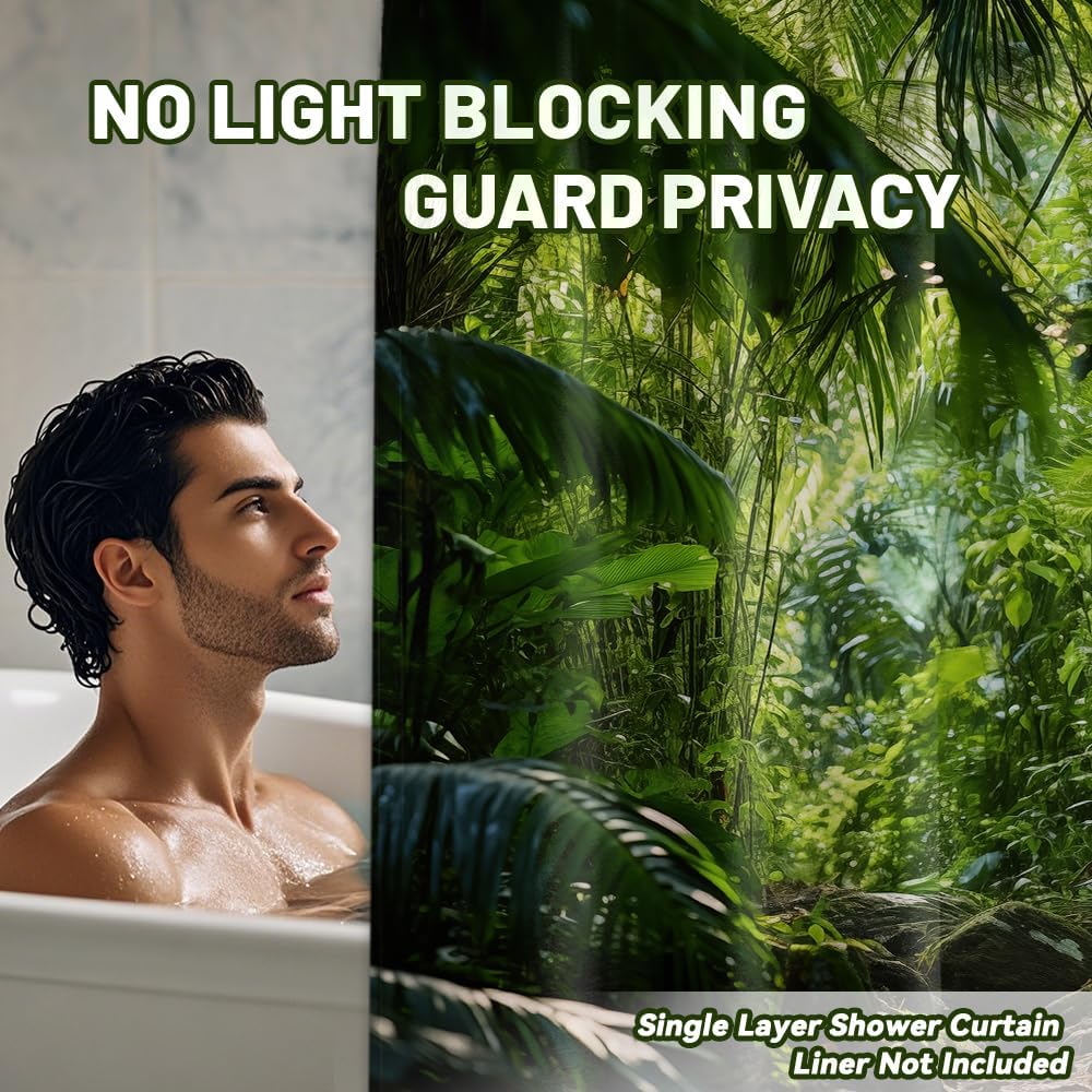 Jungle Shower Curtain Rainforest Tropical Nature Green Forest Scenic Bathroom Decor, Waterproof Cloth Fabric with Hooks 70" W x 84" L