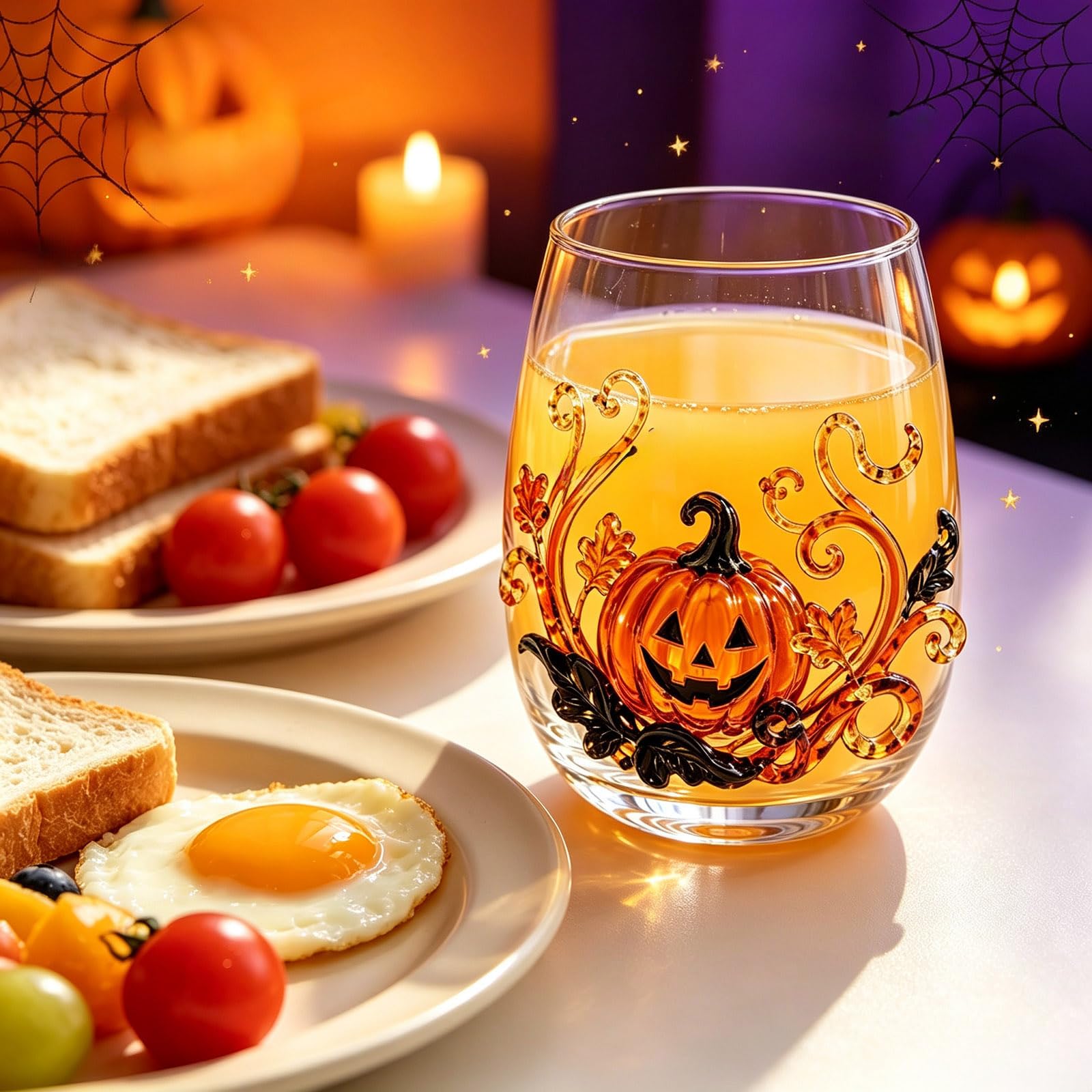 Halloween-2D-Glaswaren-Kollektion, Stiellose Trinkgläser mit erhöhtem Kürbis-Geist, schwarzes Katzennetz-Design, gruselige, transparente Becher für Cocktails, Saft, Eiskaffee, Party-Geschenk