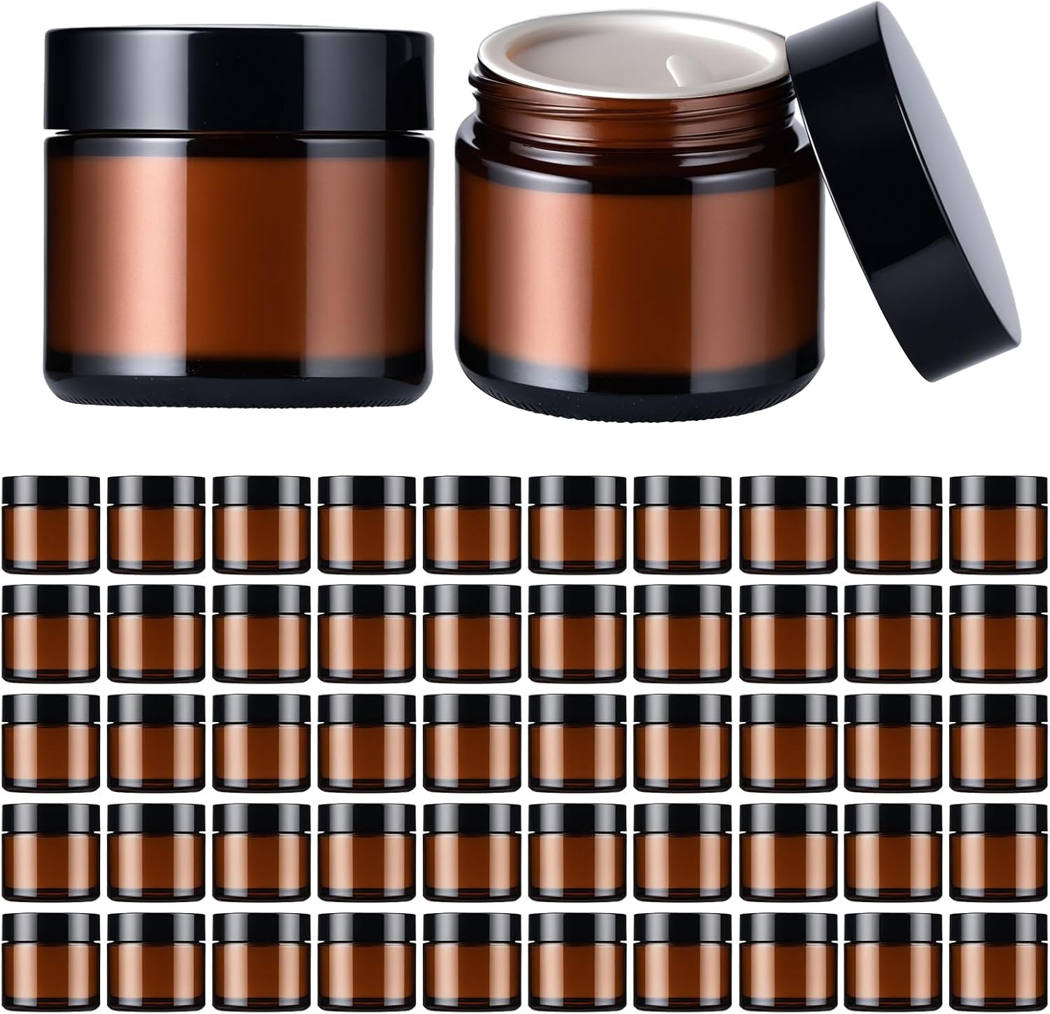 2 oz Glass Jars With Lids,50 Pack Amber Glass Jars With whit Inner Liners & Glossy Black Lids for Cream, Lotions, Powders, Ointments, Sample & Candle Small Making