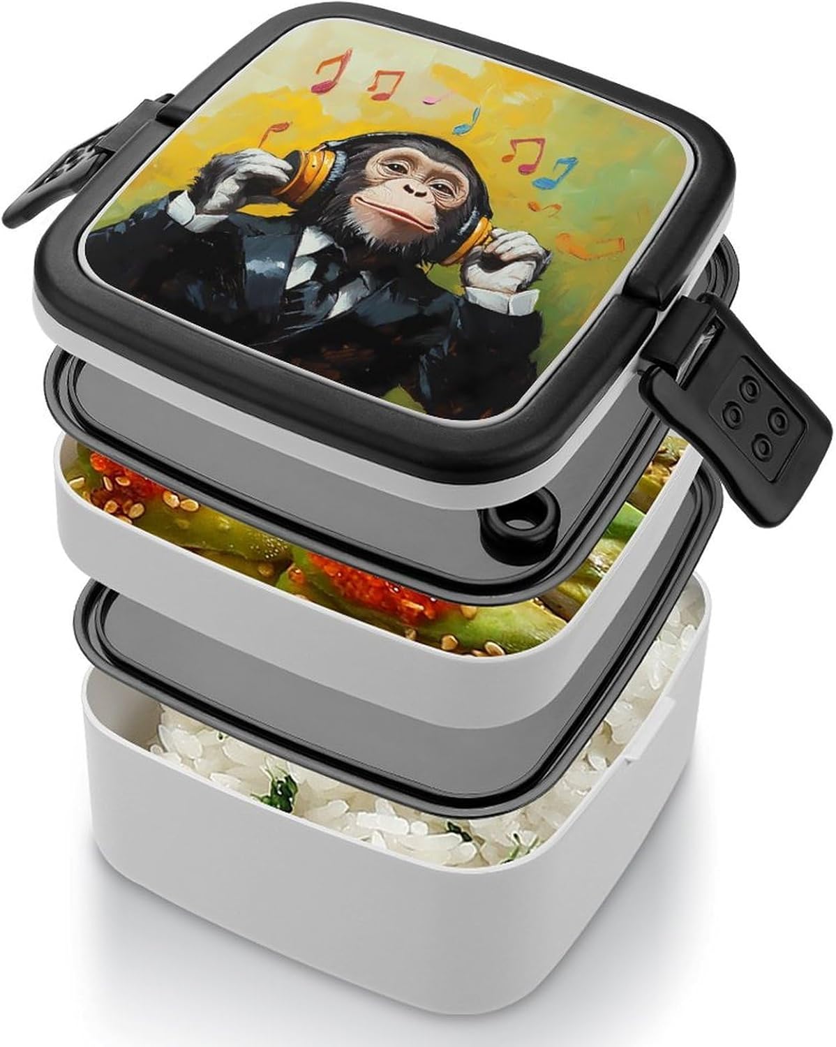 Monkey Music with Headphones Bento Box with Spoon 2 Layer Food Container Cute Lunch Box for Travel Dining Work
