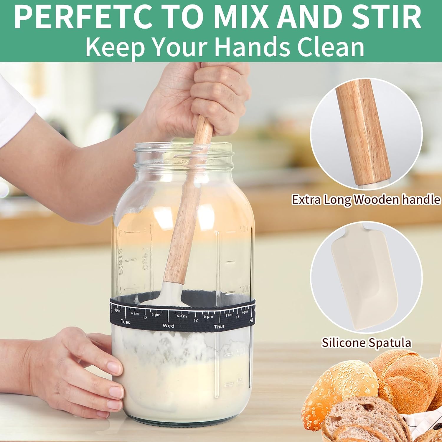 64oz Sourdough Starter Kit,Pro Extra Large Capacity Sourdough Starter Jar Glass with Silicone Spatula,Thermometer,Feeding Band,Great Sourdough Bread Baking Supplies & Baking Gifts for Women.