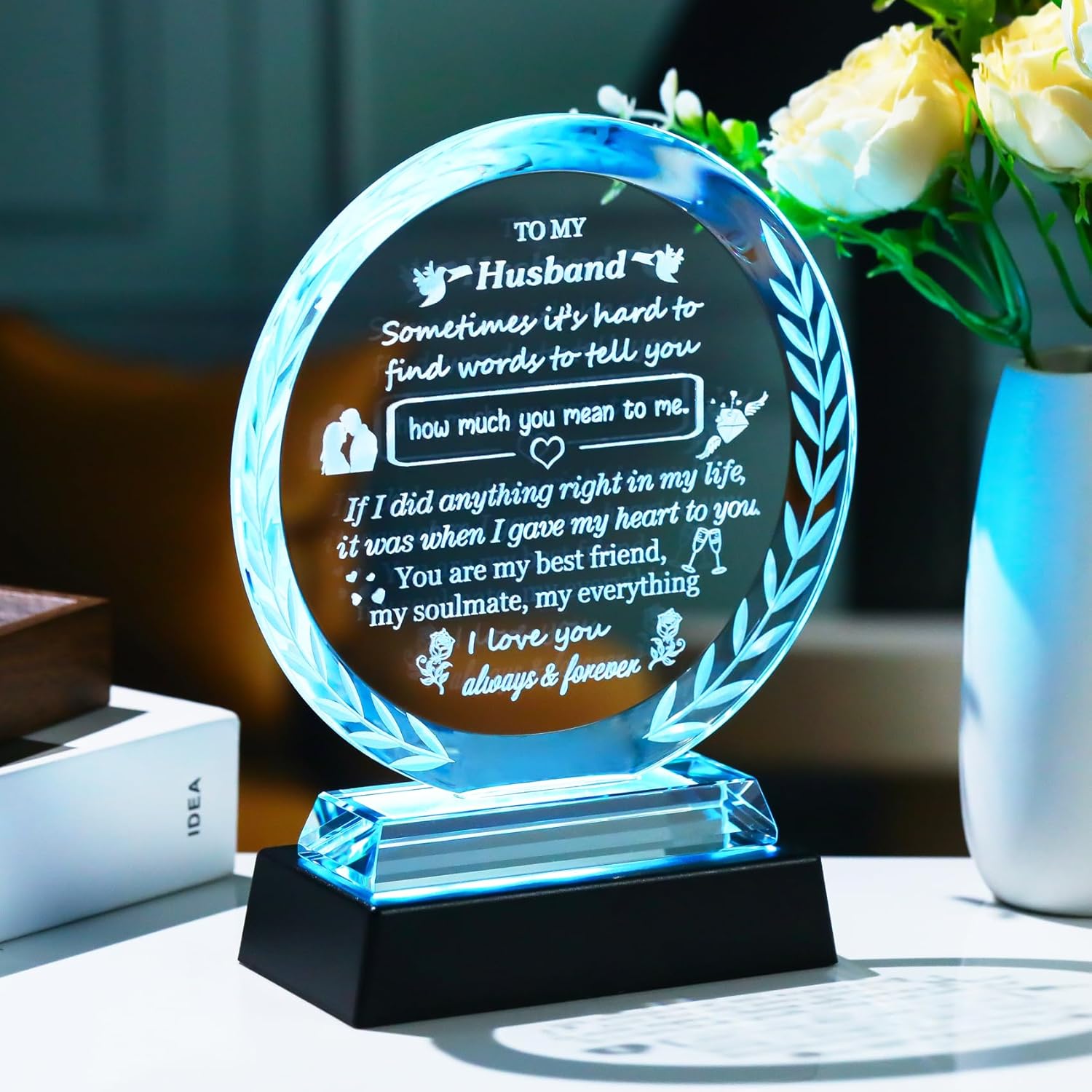 Romantic Gifts for Husband from Wife Crystal Plaque to My Husband with LED Light Base Best Husband Ever Gifts for Birthday Valentine's Day Christmas Anniversary