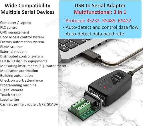 Miniatura 3 de DTech Adaptador USB a serie, cable RS422 RS485 R232 a USB (interfaz 3 en 1) soporta CC 5V con luces LED de tablero de ruptura para dispositivos de