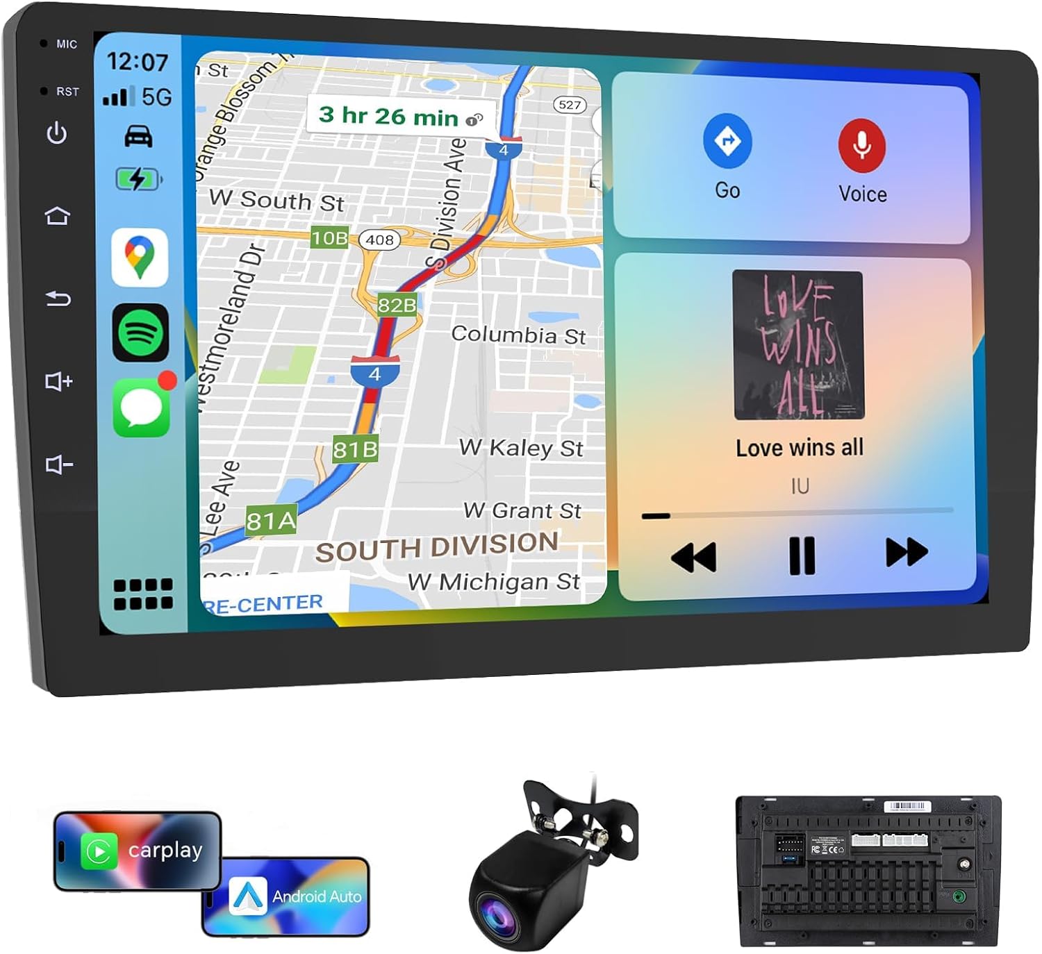 9 Double Din Car Stereo with Wireless Apple Carplay & Android Auto, Touchscreen Radio with Backup Camera, BT 5.4, WiFi 5, GPS, Mirror Link, FM/AM Radio, 4+64GB