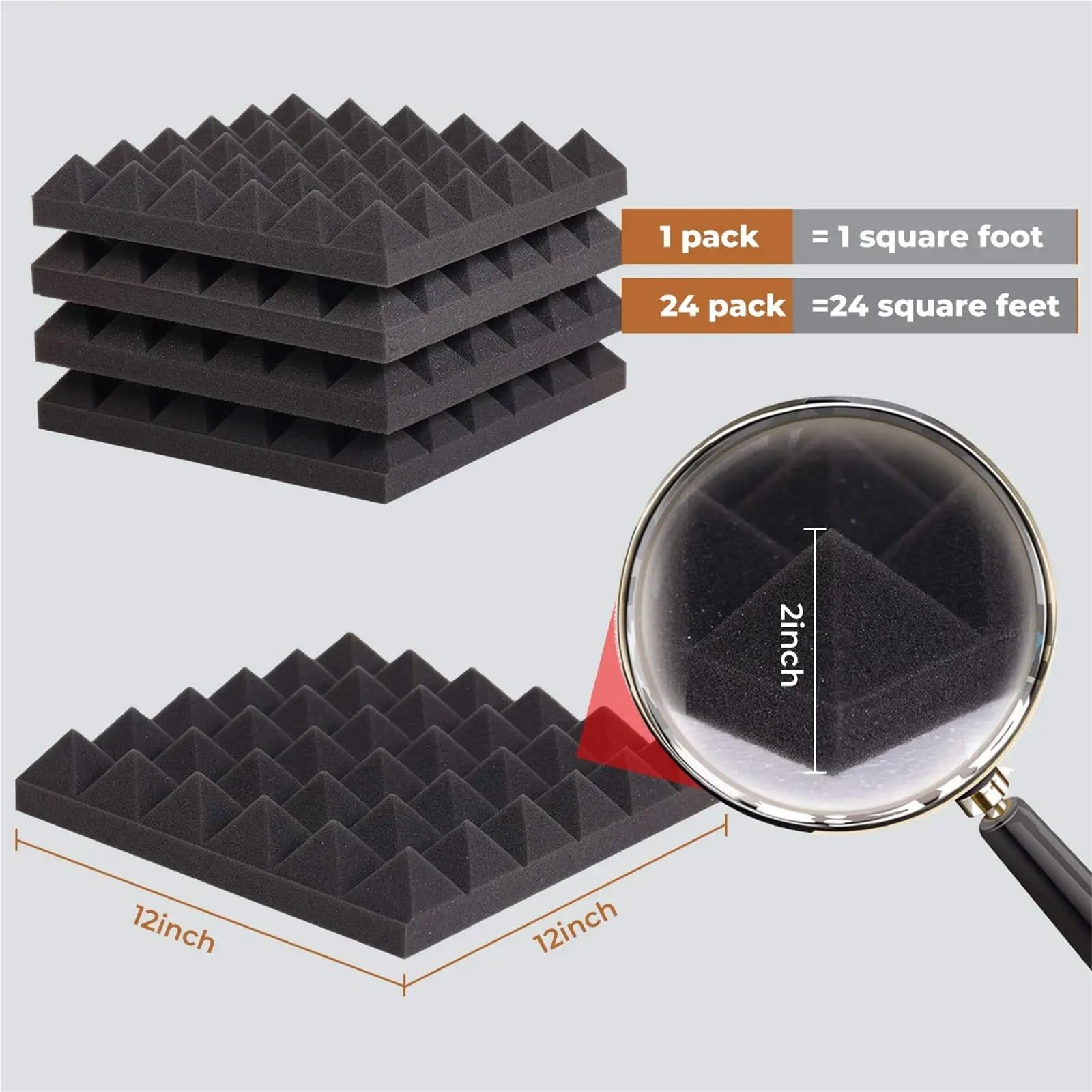 Paquete de 24 paneles pared con cintas, espuma acústica 30x30x5cm, tratamiento aislamiento absorción a prueba sonido, almohadilla insonorización Para amortiguar el sonido(Black)