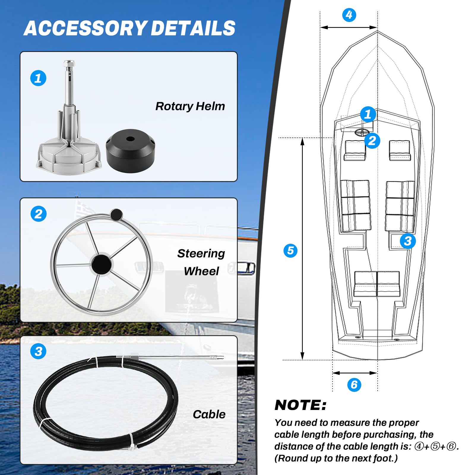 Boats - Sistema di sterzo meccanico per motori fuoribordo con volante e cavo lungo per barche da pesca, yacht e altre imbarcazioni (304,8 cm)
