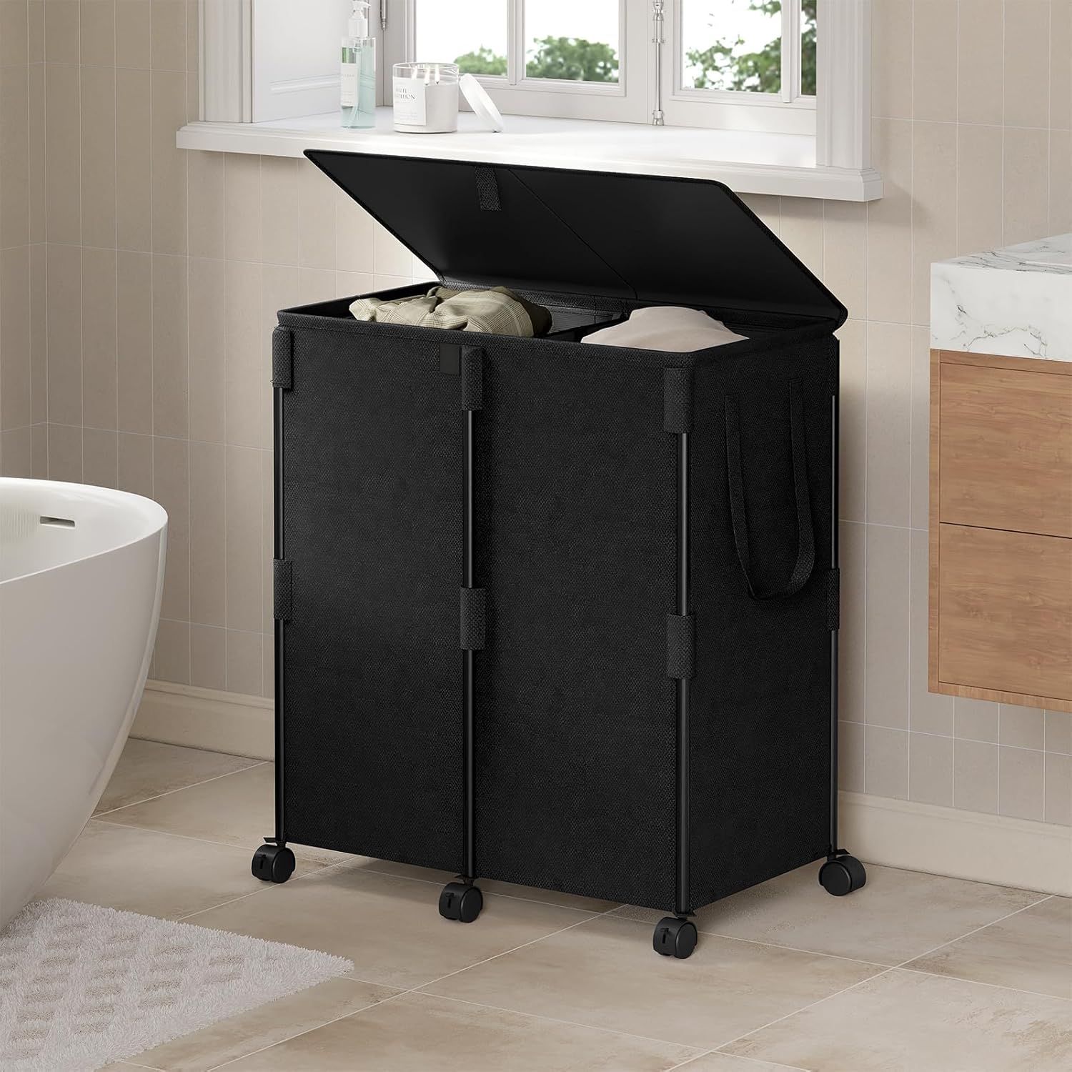 140L Double Laundry Hamper with Lid and 6 Wheels, Rolling Laundry Basket with 2 Removable Bags, Heavy Duty Metal Frame Clothes Cart, 2-Section Laundry Sorter for Bedroom, Bathroom (Black)