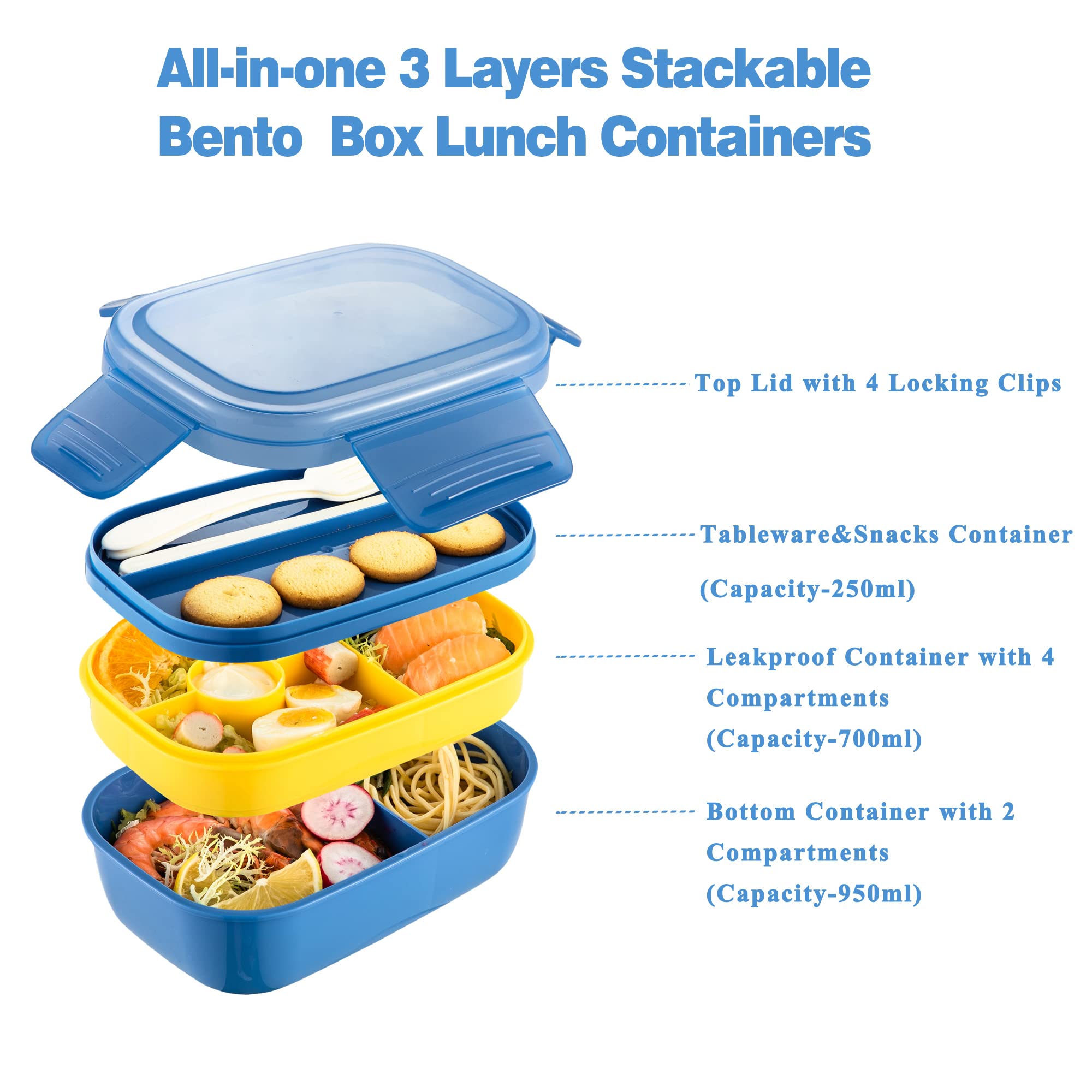 Lunch Box Stackable Bento Box Adult - 3 Layers All-in-One Lunch Box ...