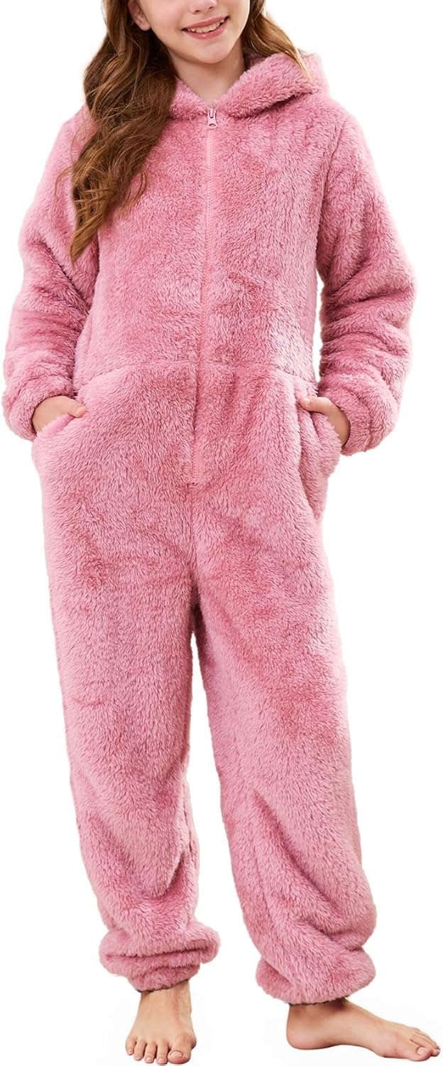 Flygo Girls Fleece Jumpsuits Fuzzy Hooded Rompers Kids Zip up Onesie Romper Costume Warm Winter Clothes 5-14 Years