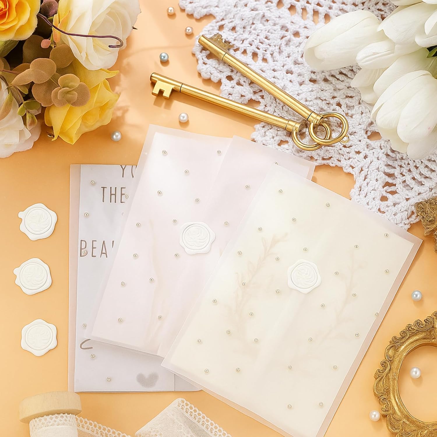 Affrolling 100 Sets Wedding Invitations Wraps Set Pearl Pre Folded Vellum Jackets for 5 x 7 Invitations Include 100 Pcs Vellum Jackets Wax Seal Stickers Pearl Stickers for Wedding Invites DIY