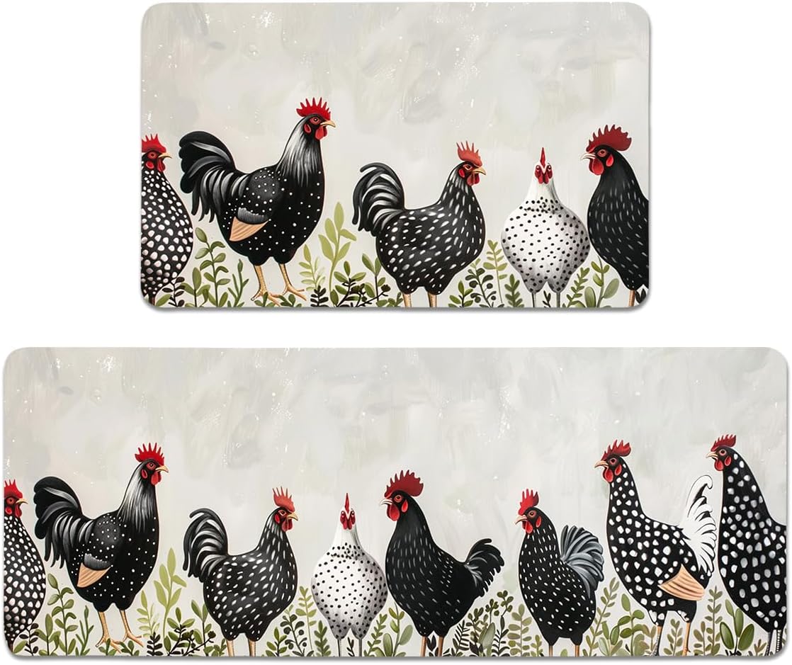 Farmhouse Kitchen Rug Set with Rubber Backing, Rooster Chicken Pattern, Non-Slip, Fade Resistant, 17x47 Inch, 2 Piece, Farmhouse Style