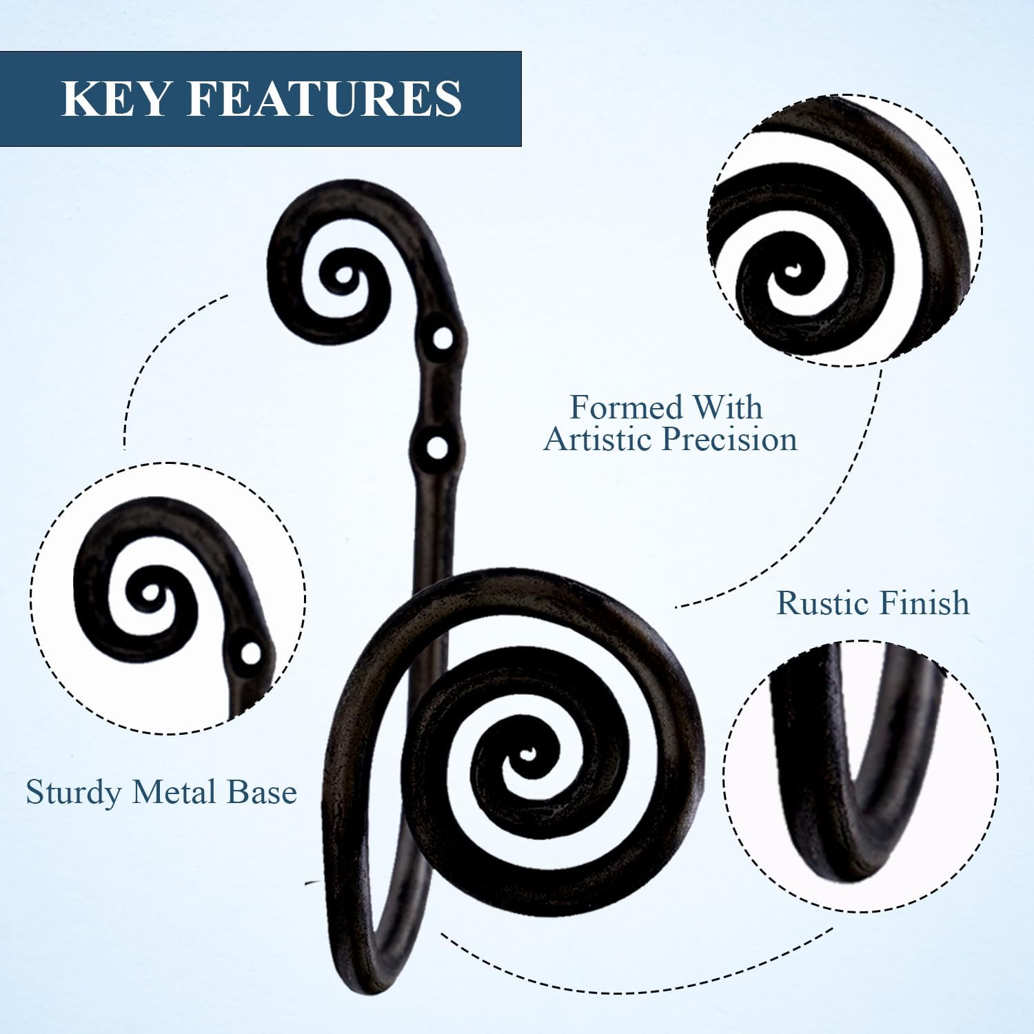 The Metal Magician Sturdy Wrought Iron Wall Mounted Curtain Holdbacks - Curtain Holders for Living Room, Bedroom, Kitchen, Office - (Swirly - Black) - Pack of 2