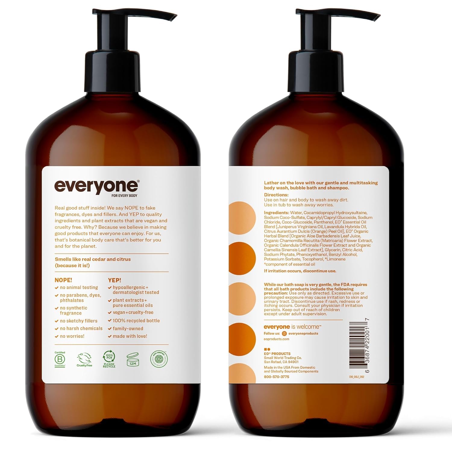 Everyone 3-in-1 Soap, Body Wash, Bubble Bath, Shampoo, 32 Ounce (Pack of 1), Cedar and Citrus, Coconut Cleanser with Organic Plant Extracts and Pure Essential Oils