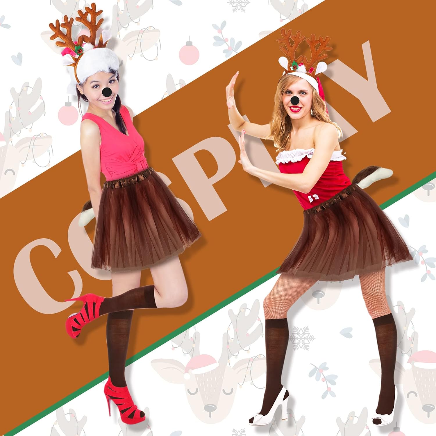 Haysandy 5 Pcs Christmas Deer Cosplay Reindeer Costume Deer Antlers Headband Tail Nose Tutu Skirt Socks for Cosplay Party