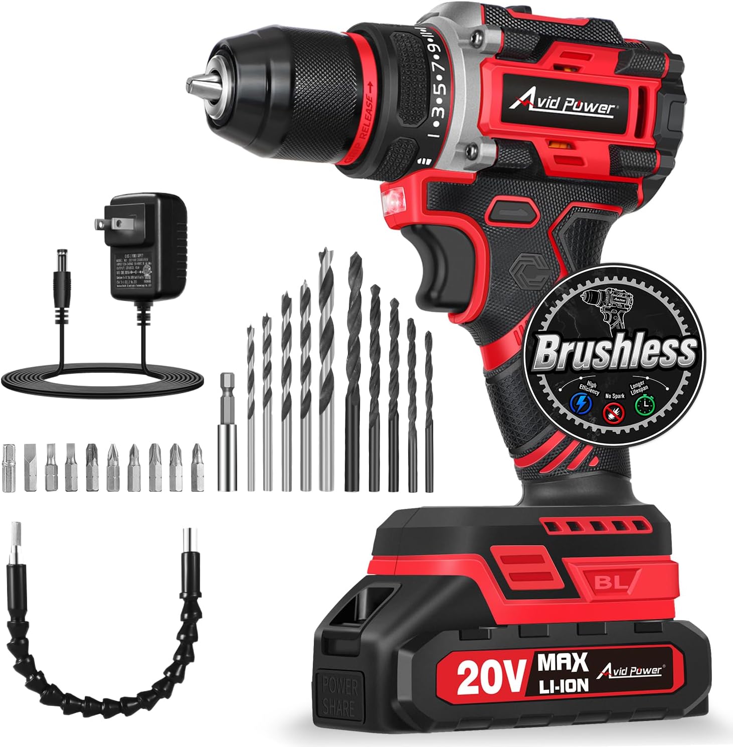 AvidPower 20V Brushless Cordless Drill Set: 355 In-lbs Torque, 3/8" Metal Chuck, 2-Speed, 2.0Ah Battery & 22 Accessories