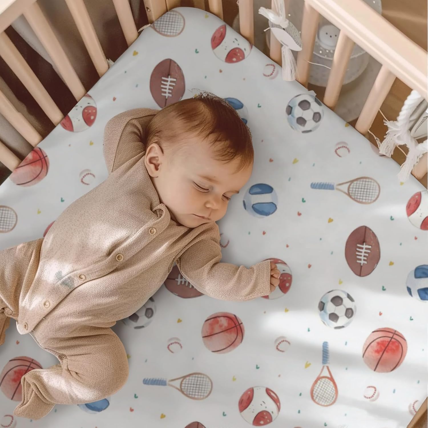 Watercolor Football Baseball Soccer Basketball Balls Pattern Baby Sheets for Crib, Unisex Sports Nursery Fitted Bed Sheet for Boys Girls Standard Crib and Toddler Mattress-28x52