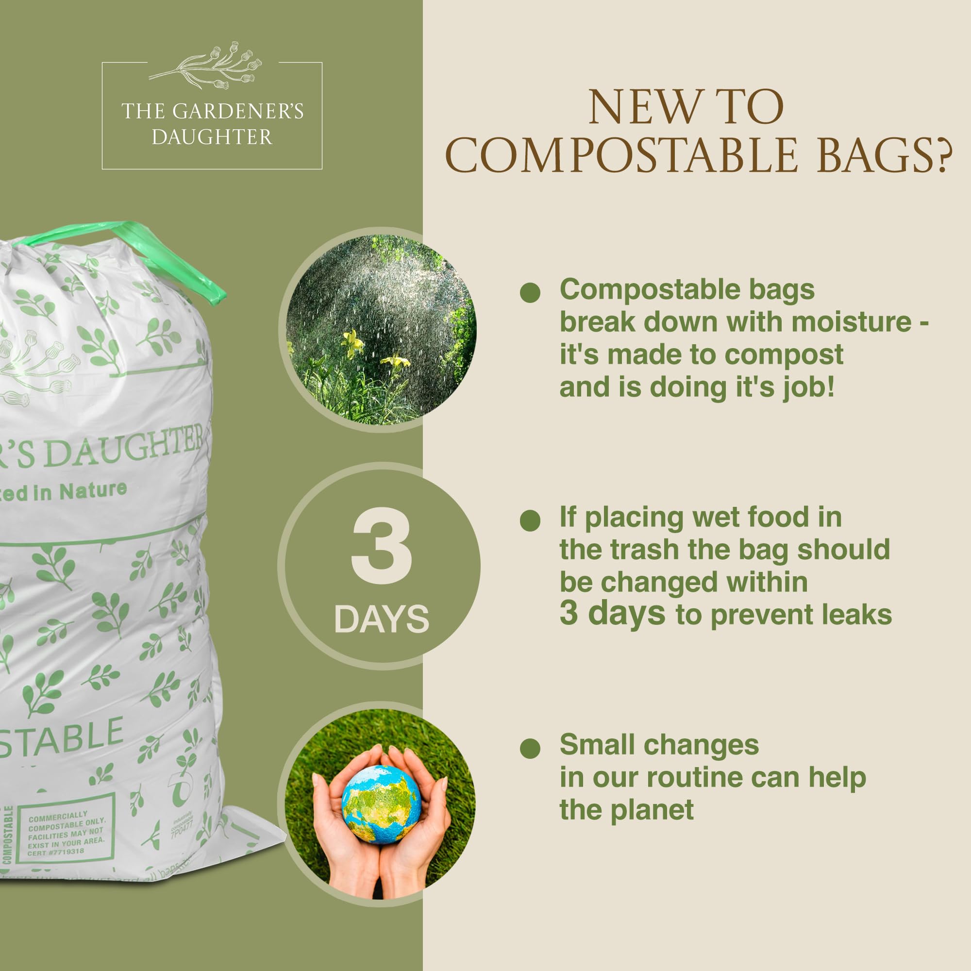 The Gardener's Daughter: Bolsas de basura altas compostables para cocina, 13 galones, 30 unidades, color blanco, cierre de cordón, extra fuertes