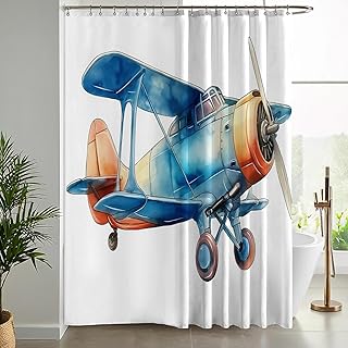 NAWVNMI Lapis Lazuli Blue Shower Curtain for Bathroom, Vintage Airplane Fabric Shower Curtains Set, Watercolor Clip Art Restroom Decor Accessories with Hooks 72 X 72 Inch