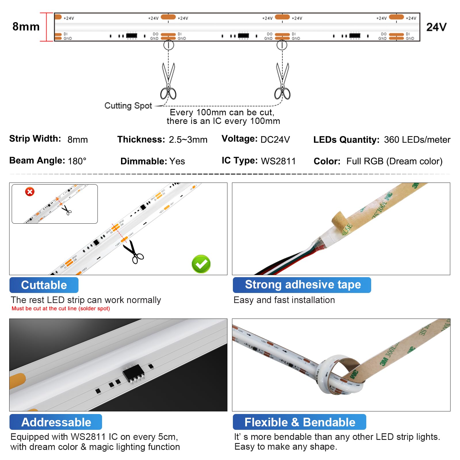 Addressable LED Strip Light Kit COB RGB SPI 5m 24V WS2811 IC alle 10cm steuerbar App Bluetooth + RF Fernbedienung hohe Helligkeit CRI90 schmaler 8mm LED Streifen für Innenbeleuchtung TV Küche Möbel