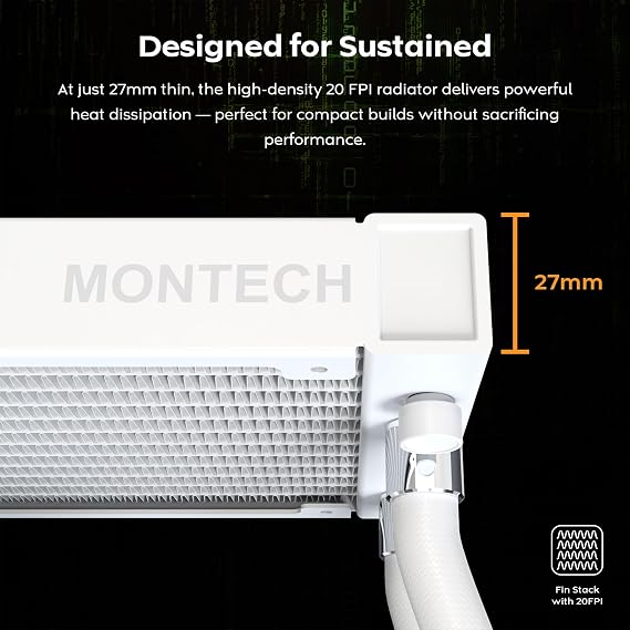 MONTECH HyperFlow Digital 360 CPU Liquid Cooler, 360mm AIO with 3100RPM Pump, 3120mm E28 ARGB Fans, Real-Time Digital Display, Intel & AMD Support (White)