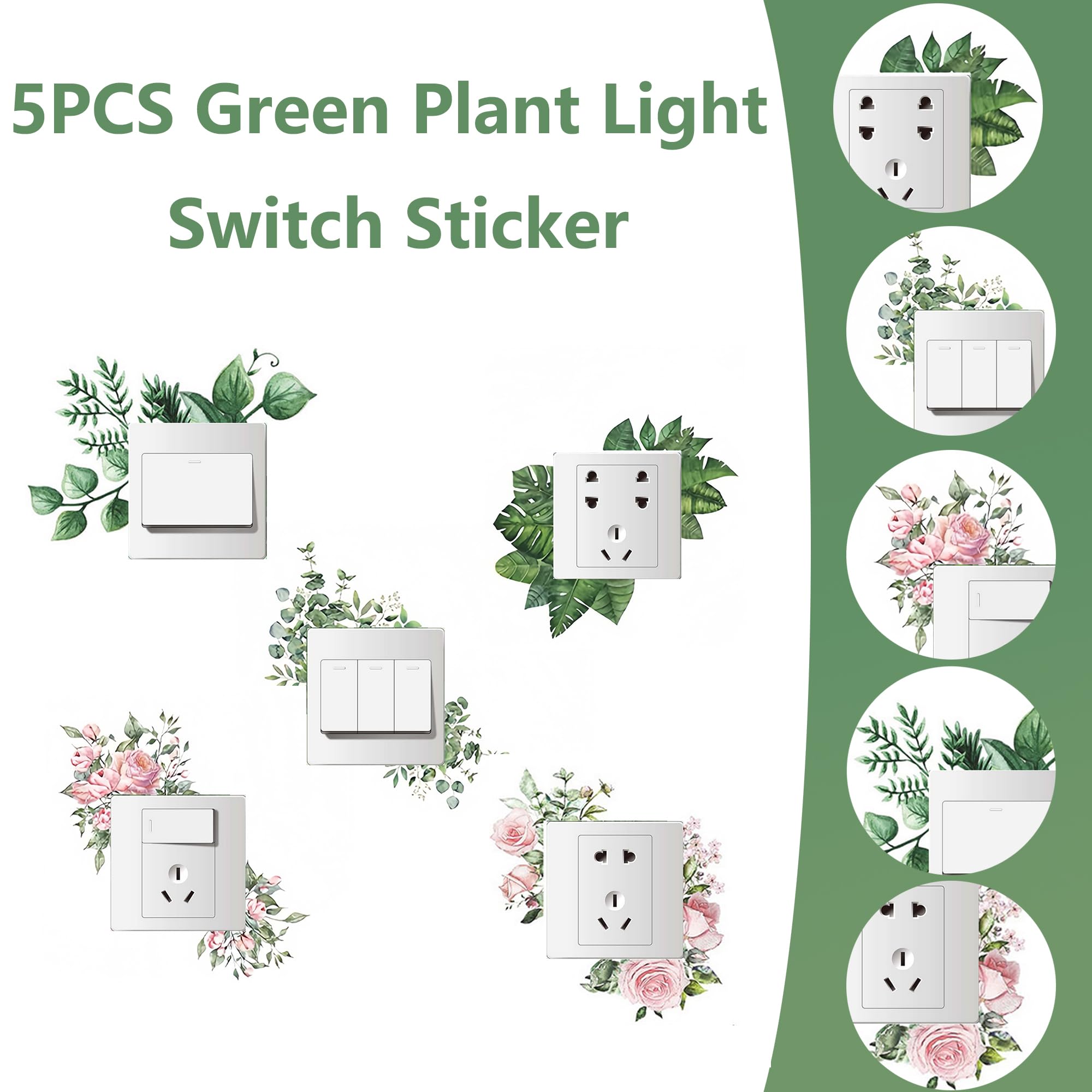 TINGWEN 5 Pièces Switch Socket Décorations Stickers Green Plant Autocollant Interrupteur Mural Lampe Interrupteu Décoratif Stickers PVC Auto-adhésif Pour salon Chambre Salle bains Cuisine Bureau (#1)